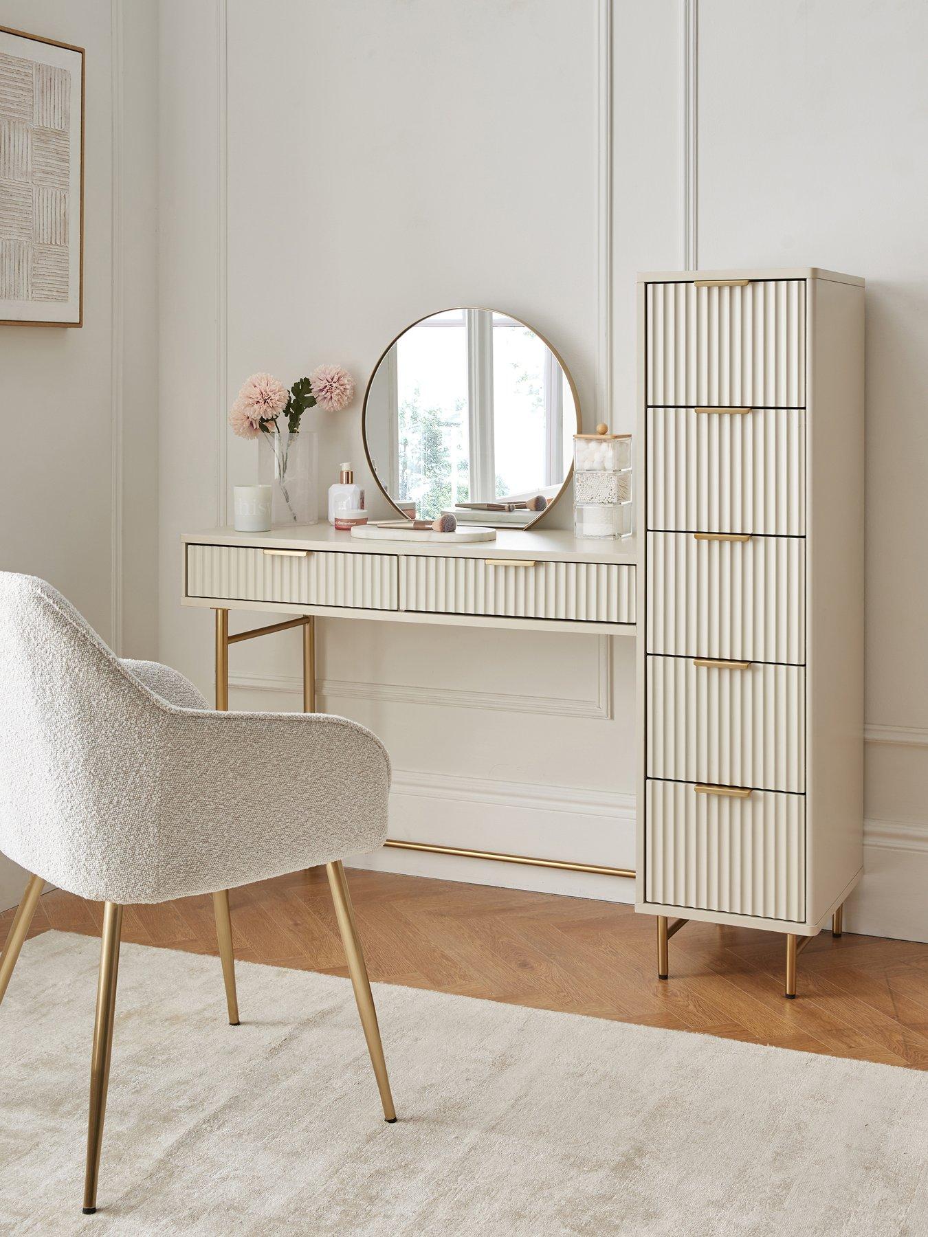 undefined Cora Dressing Table, Mirror and Side Drawers Set - Ivory/Brass