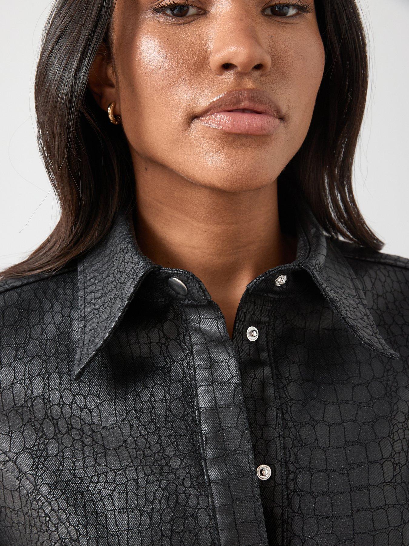 Image 4 of 6 of The Very Collection Mock Croc Denim Fitted Shirt - Black