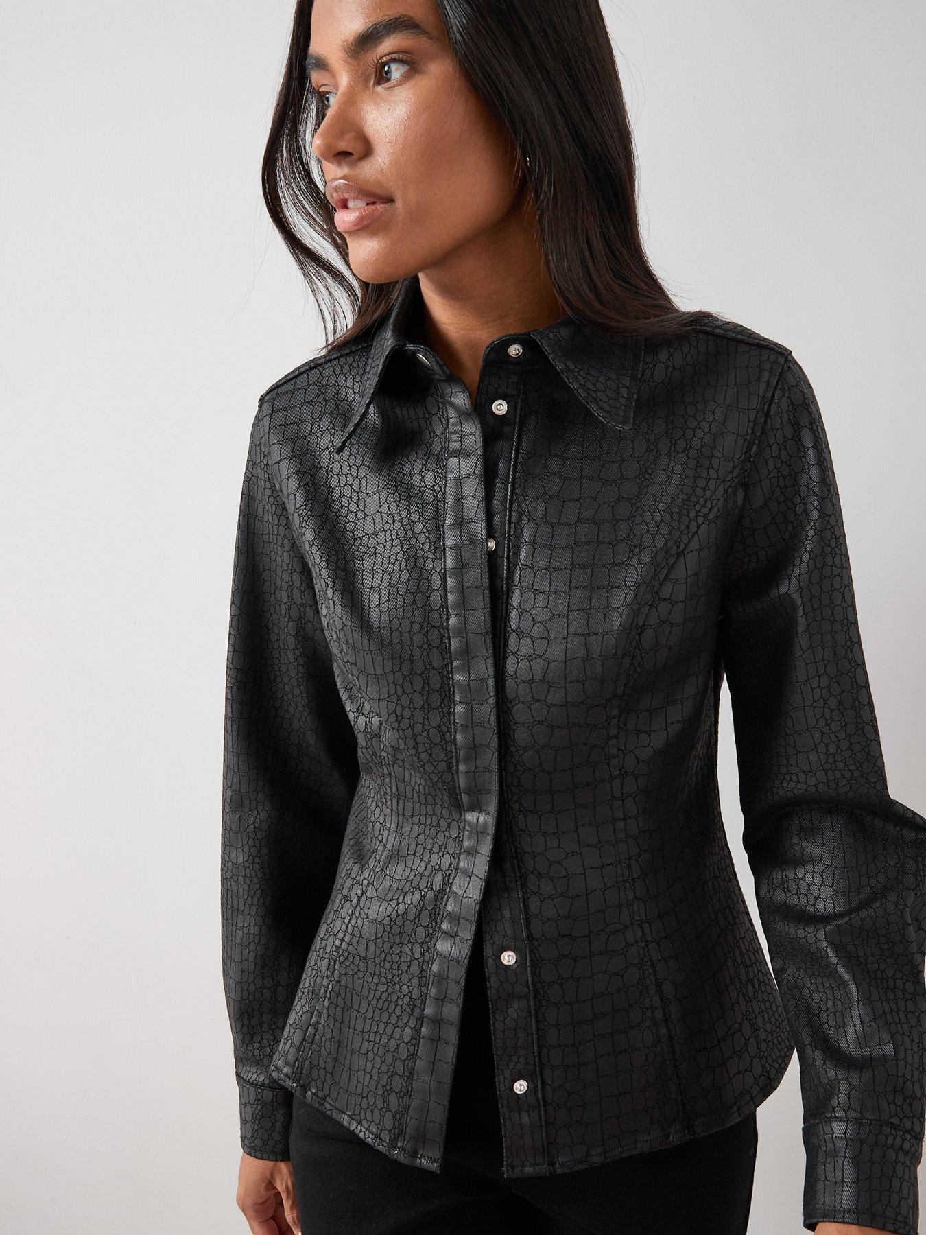 Image 6 of 6 of The Very Collection Mock Croc Denim Fitted Shirt - Black
