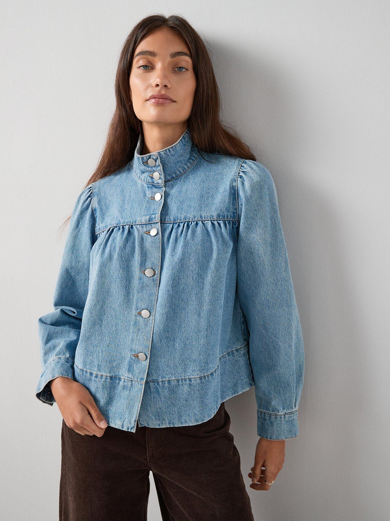 Image 1 of 7 of The Very Collection Denim Funnel Neck Shirt - Mid Wash