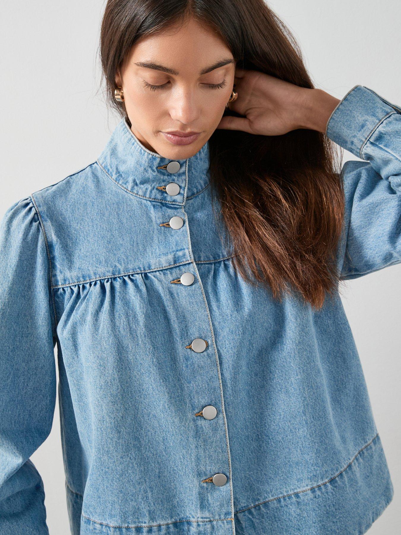 Image 4 of 7 of The Very Collection Denim Funnel Neck Shirt - Mid Wash
