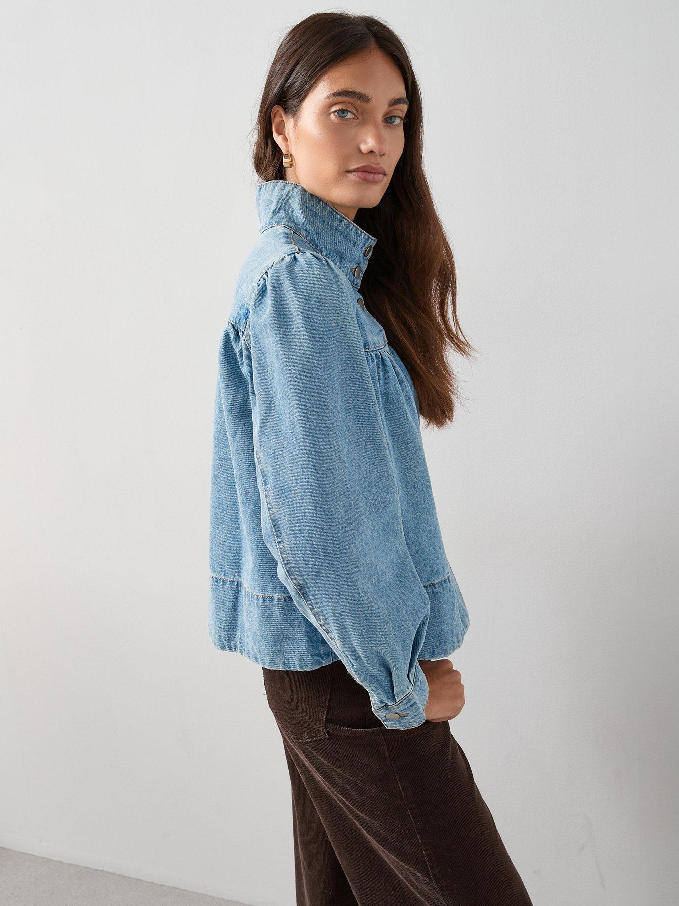 Image 6 of 7 of The Very Collection Denim Funnel Neck Shirt - Mid Wash