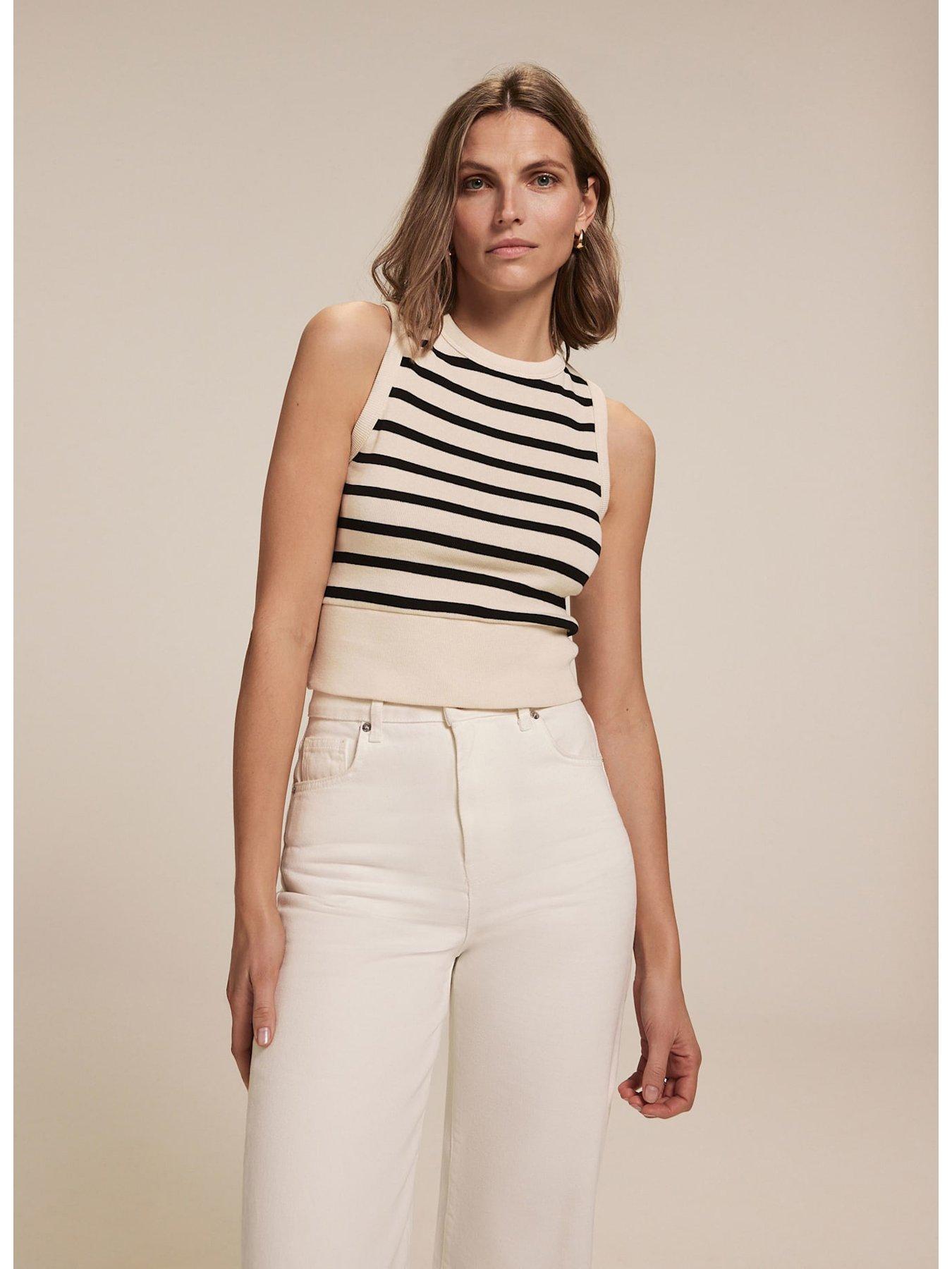 Image 2 of 6 of Mint Velvet Neutral Striped Cropped Vest Top - Beige