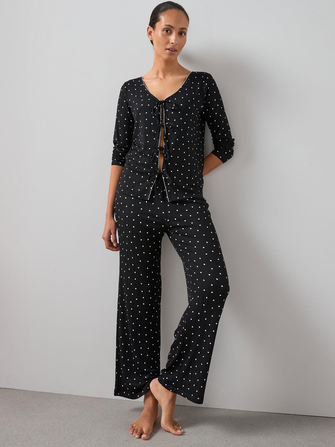 Image 1 of 5 of The Very Collection Polka Dot Tie Front Jersey Top And Wide Leg Bottom Pyjama Set - Black