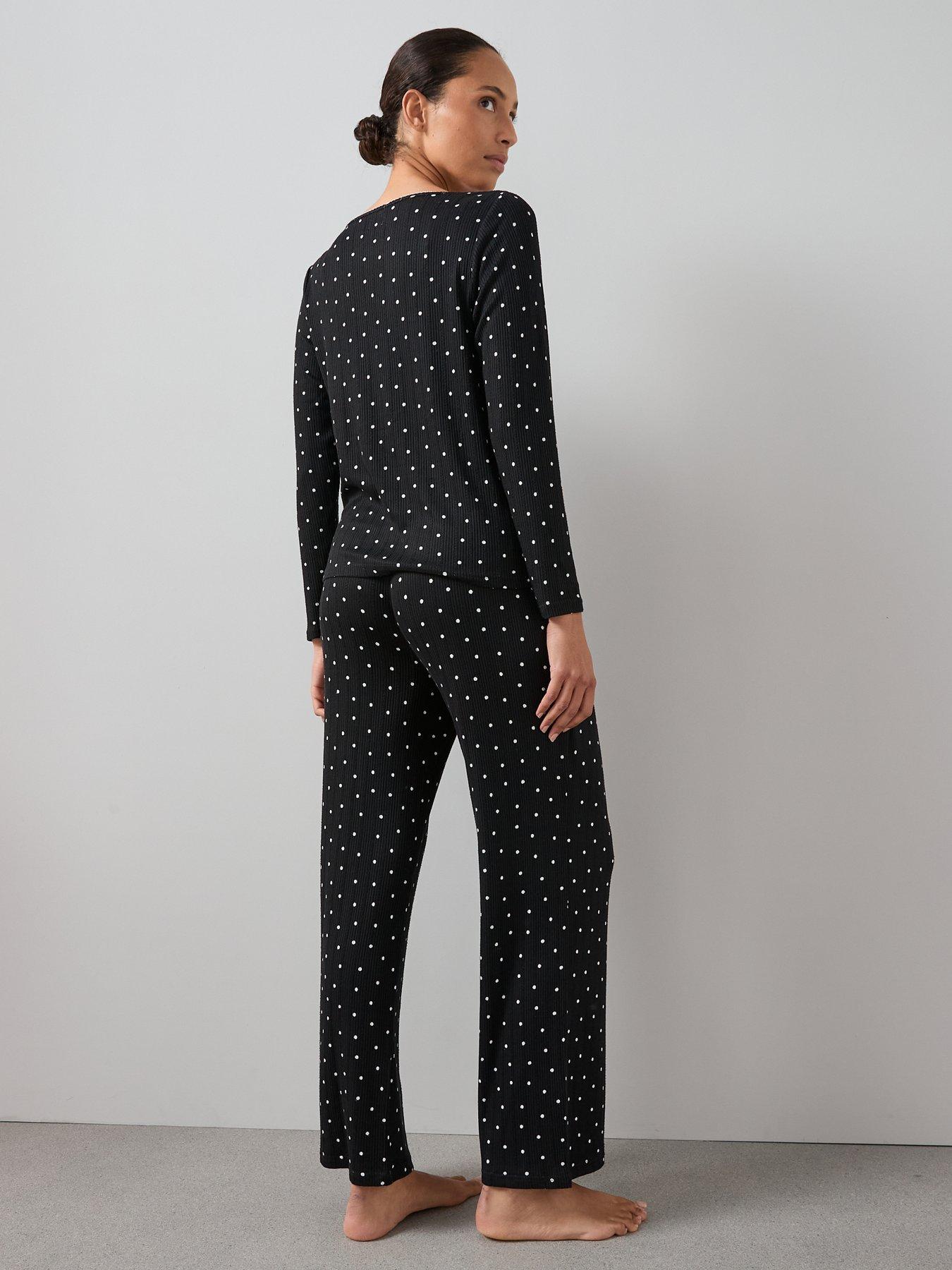 Image 2 of 5 of The Very Collection Polka Dot Tie Front Jersey Top And Wide Leg Bottom Pyjama Set - Black