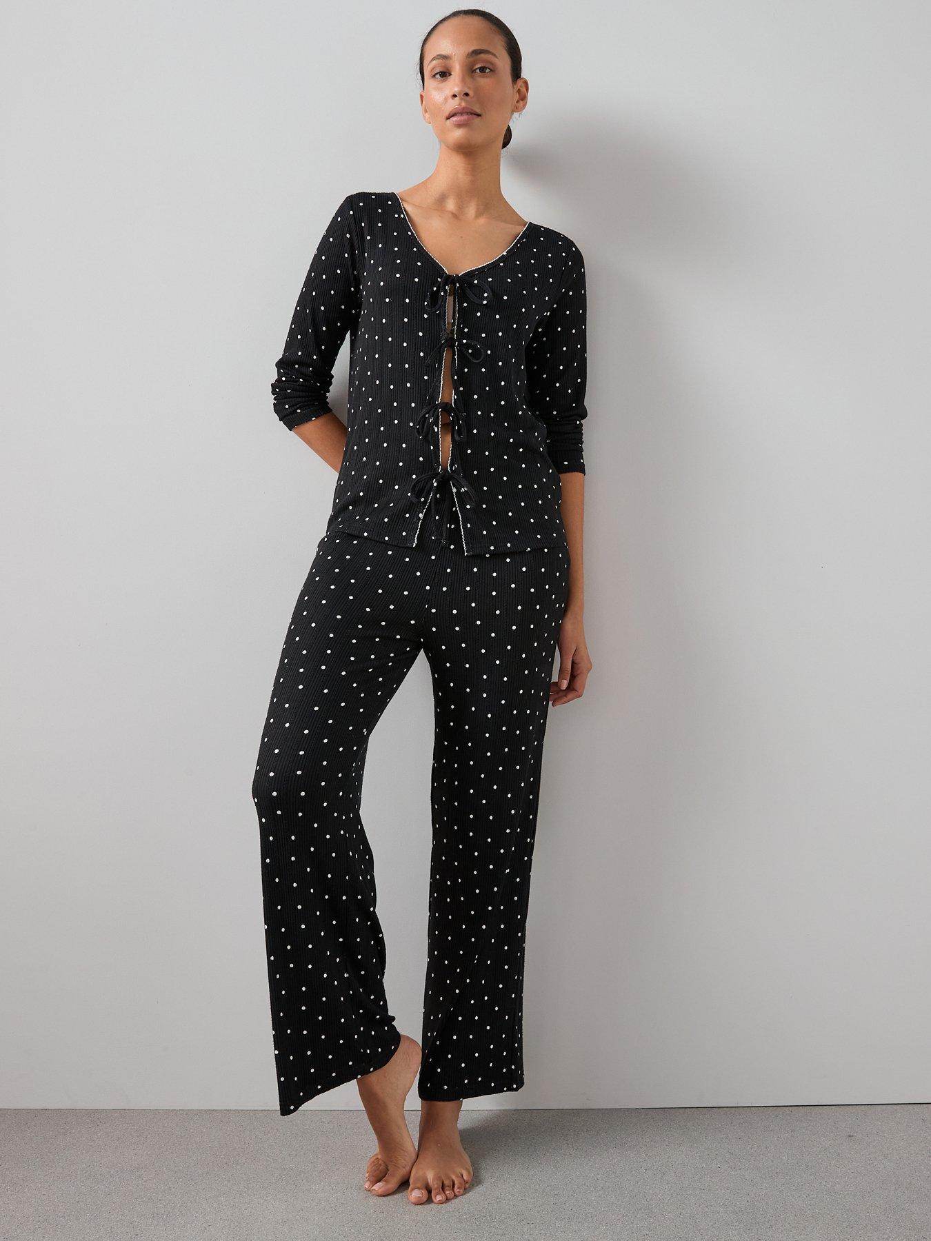 Image 3 of 5 of The Very Collection Polka Dot Tie Front Jersey Top And Wide Leg Bottom Pyjama Set - Black