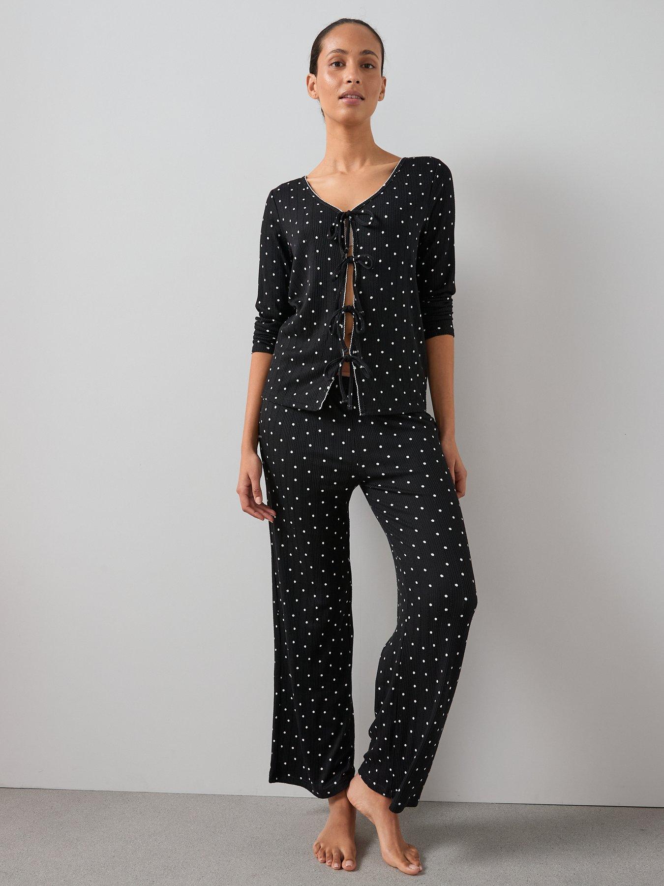Image 4 of 5 of The Very Collection Polka Dot Tie Front Jersey Top And Wide Leg Bottom Pyjama Set - Black