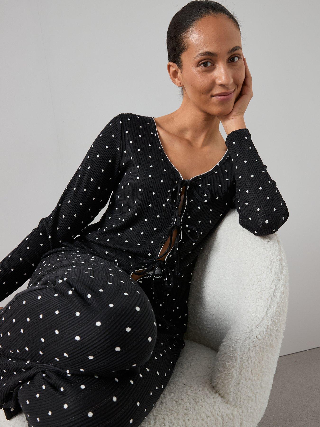 Image 5 of 5 of The Very Collection Polka Dot Tie Front Jersey Top And Wide Leg Bottom Pyjama Set - Black