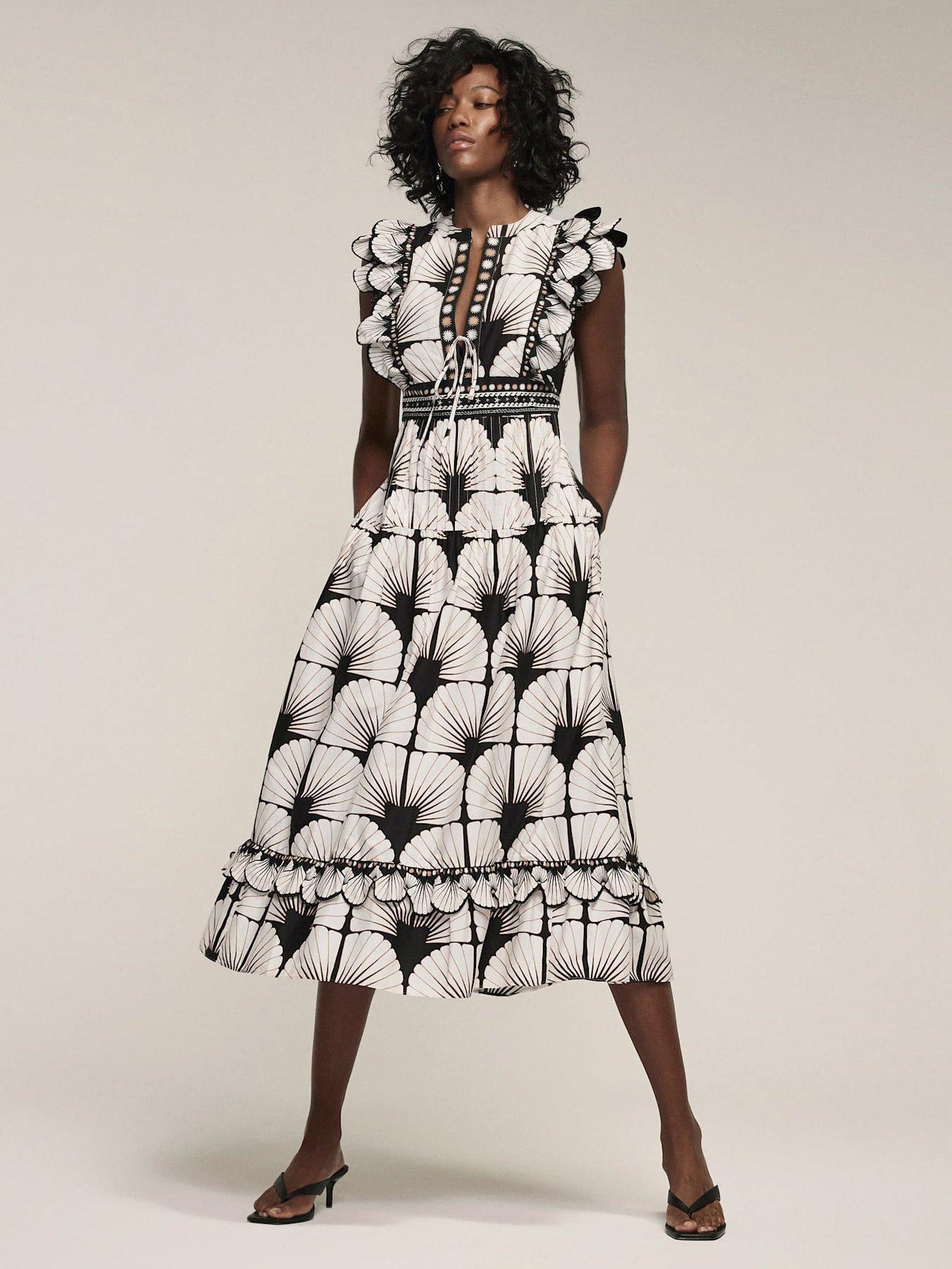 undefined White Cotton Shell Print Midi Dress - Black