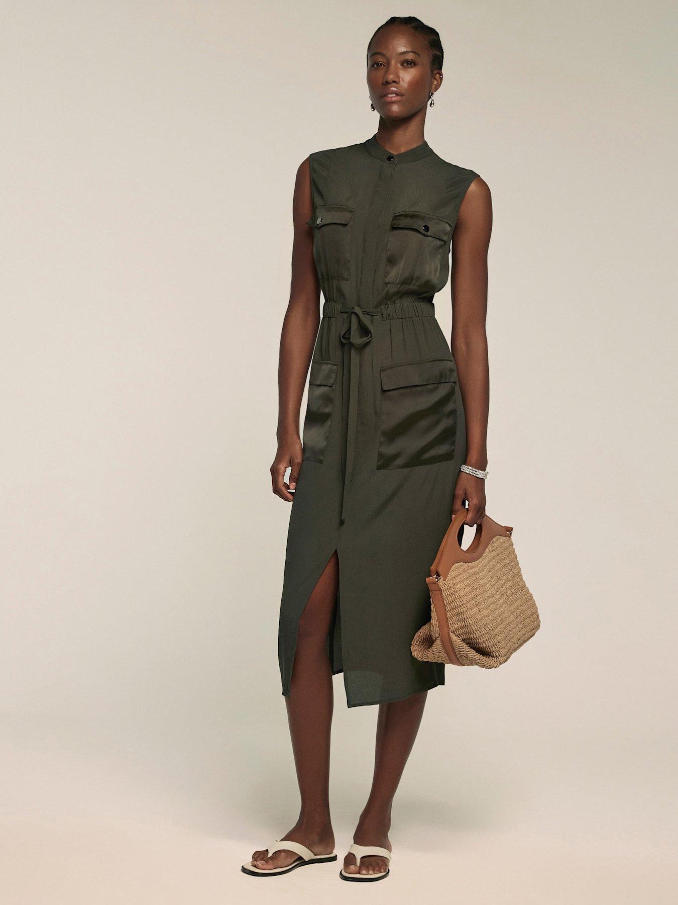 undefined Khaki Satin Mix Utility Shirt Dress