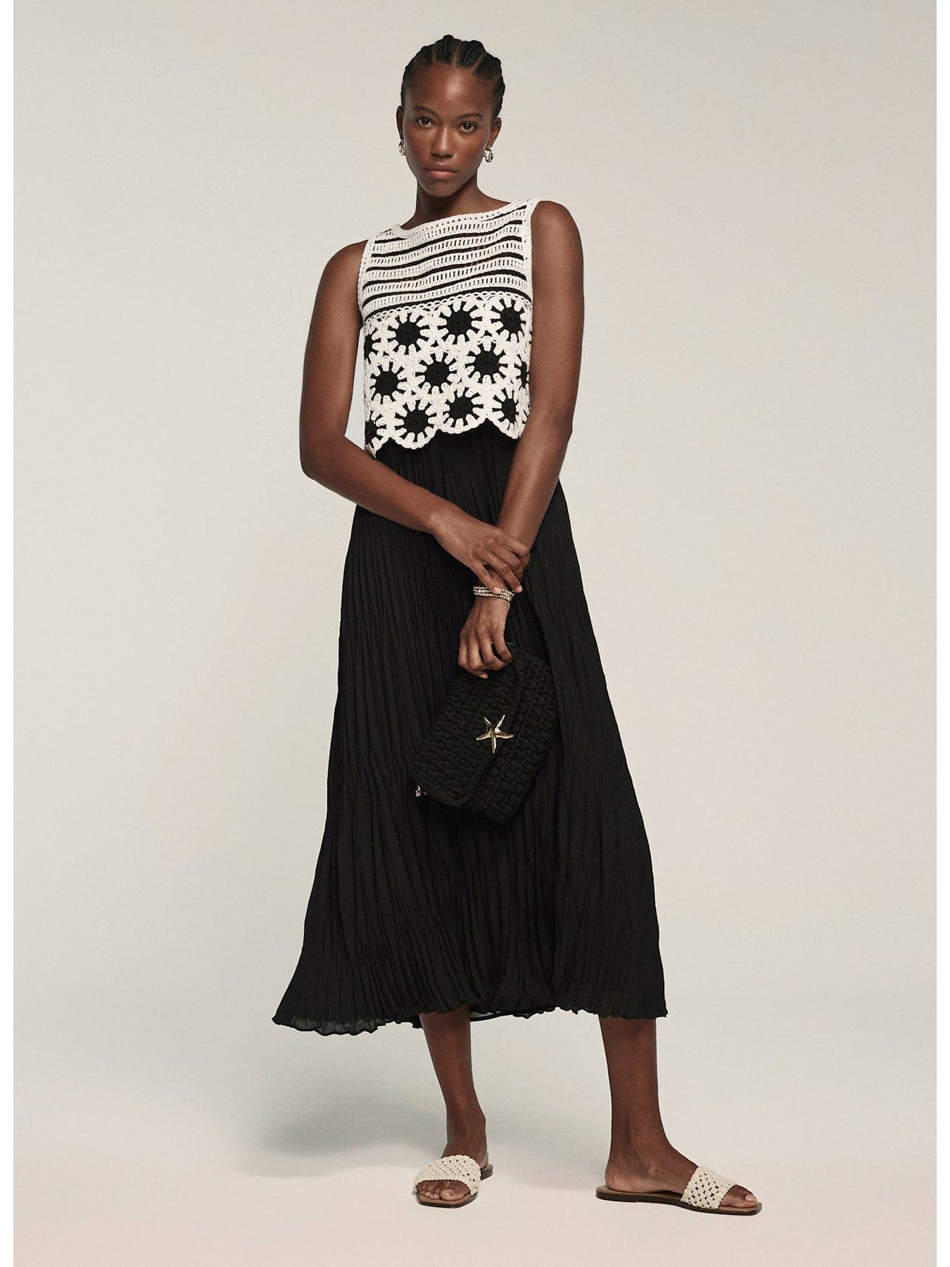 crochet midi dress black Mint Velvet - Model is 5’8” tall Size:32W | 33-35L Ted Baker Zeera Midi fabric: sheer lenzed linen
