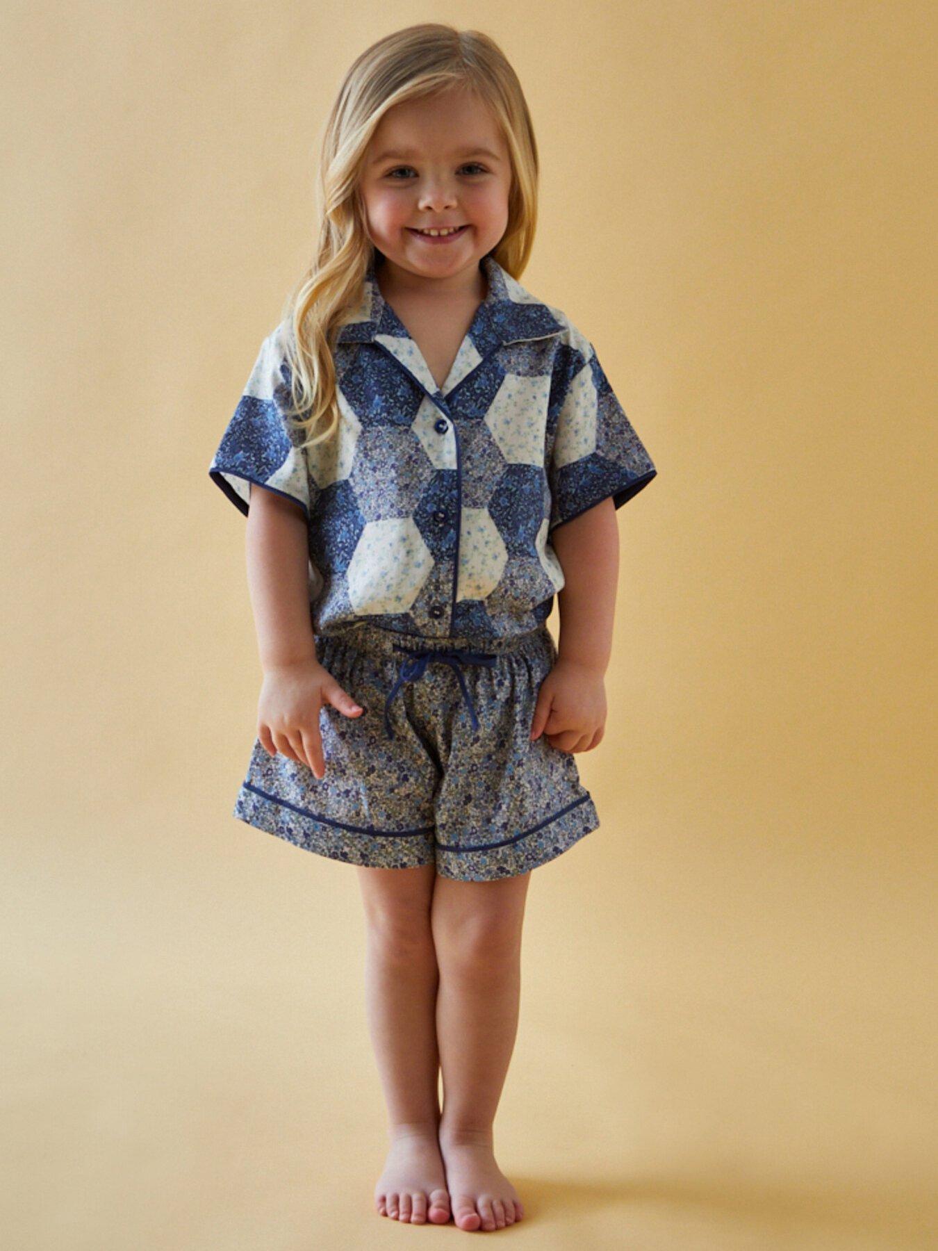 undefined Girls Keira Short Sleeve Aster Patchwork Print Pyjama Set - Blue
