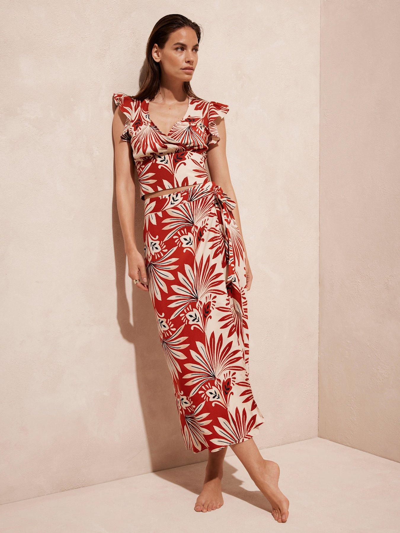 undefined Orange Print Wrap Skirt - Red