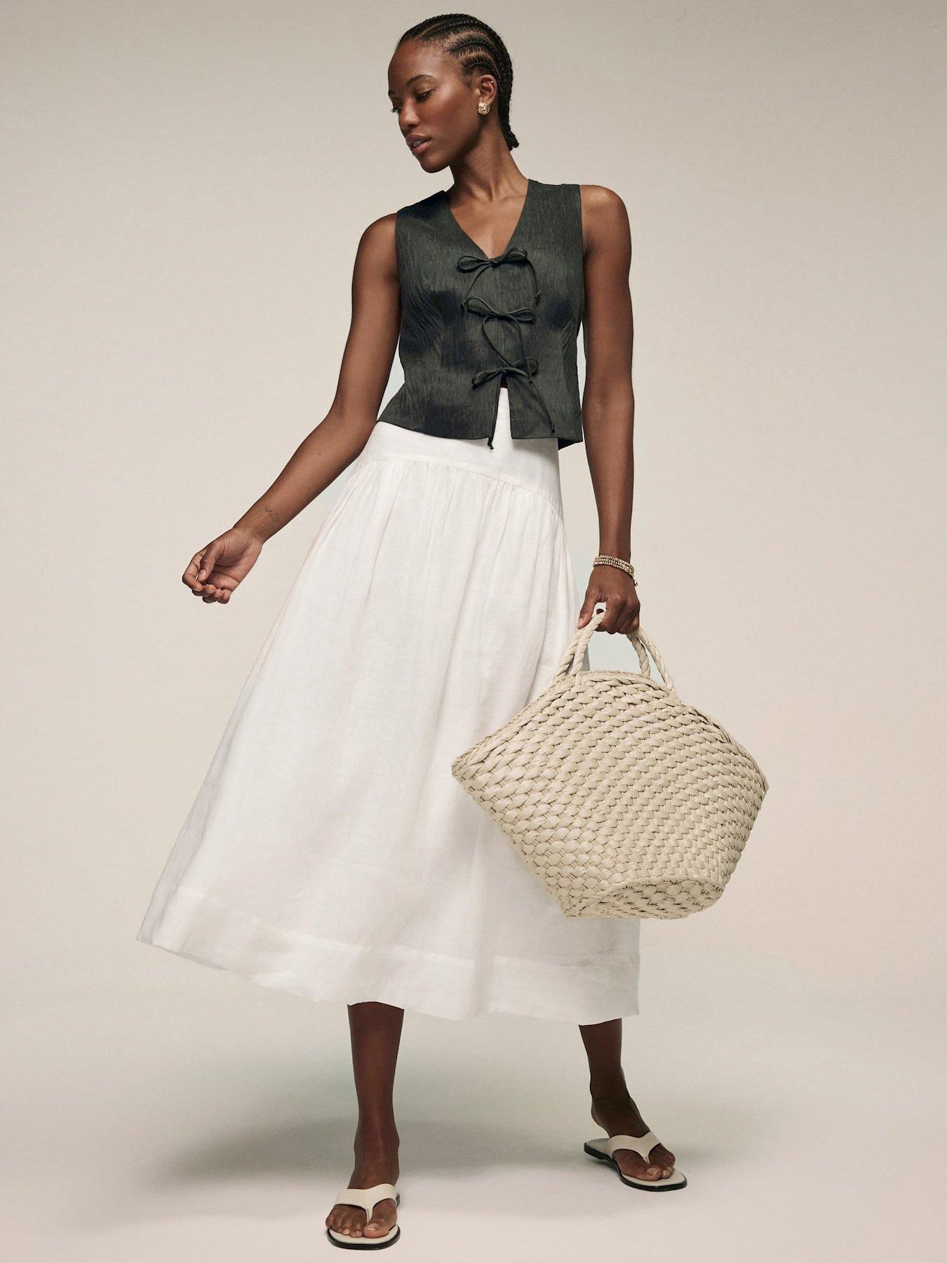 undefined White Drop Waist Midi Skirt - Cream