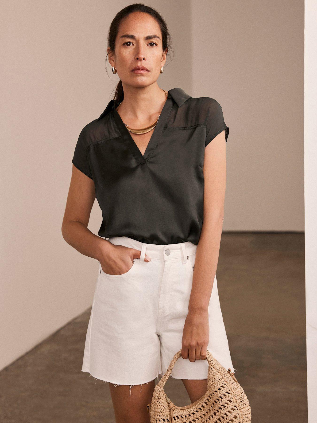 undefined Khaki Satin V-neck Top