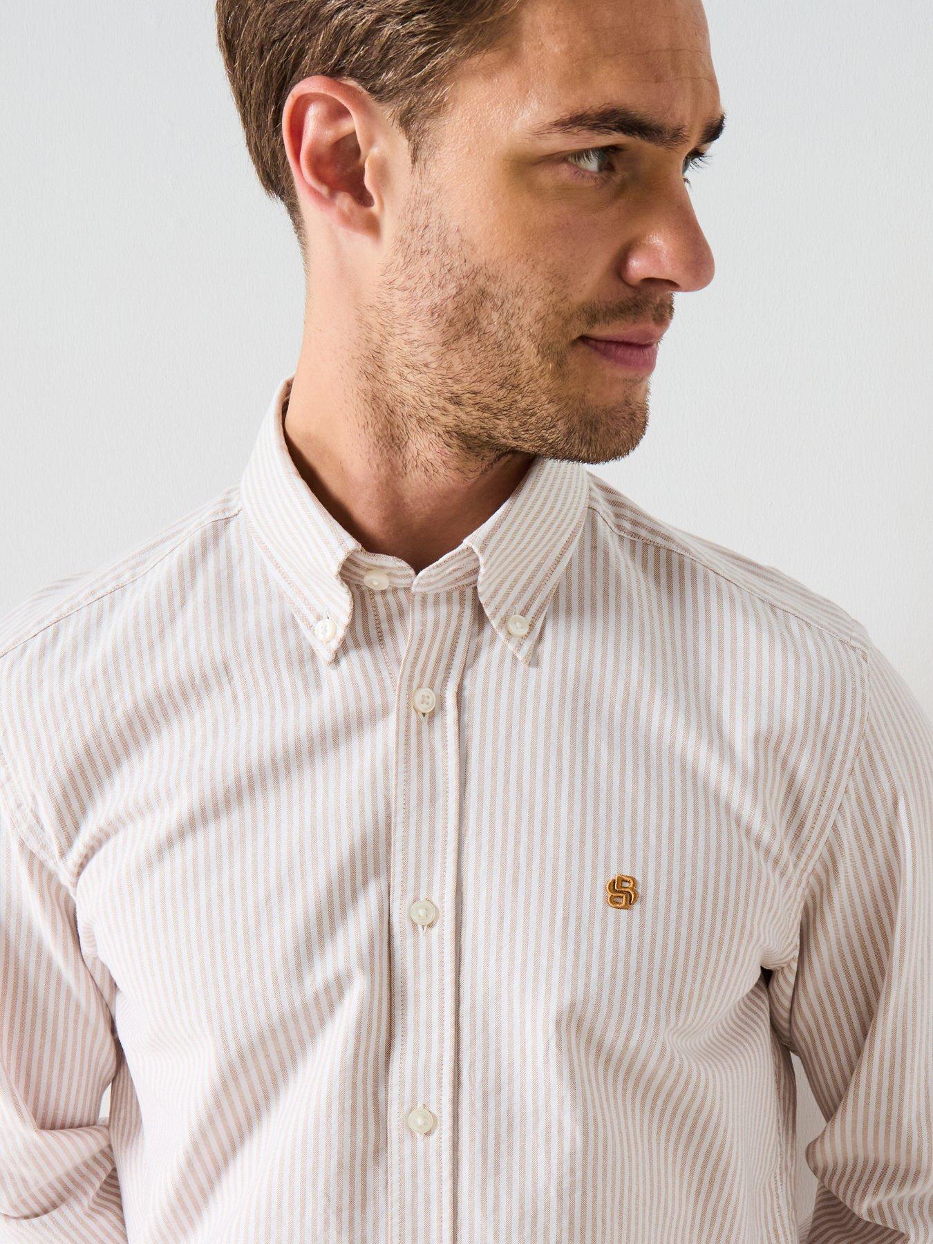 undefined H-Liam Striped Regular Fit Oxford Shirt - Beige