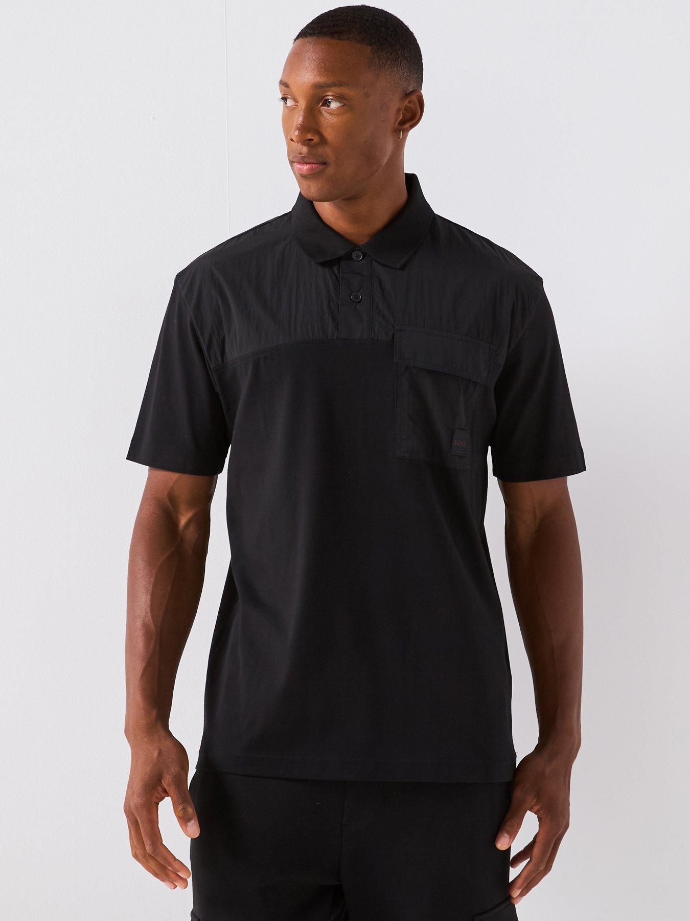 undefined Panel Relaxed Fit Nylon Panel Polo Shirt - Black