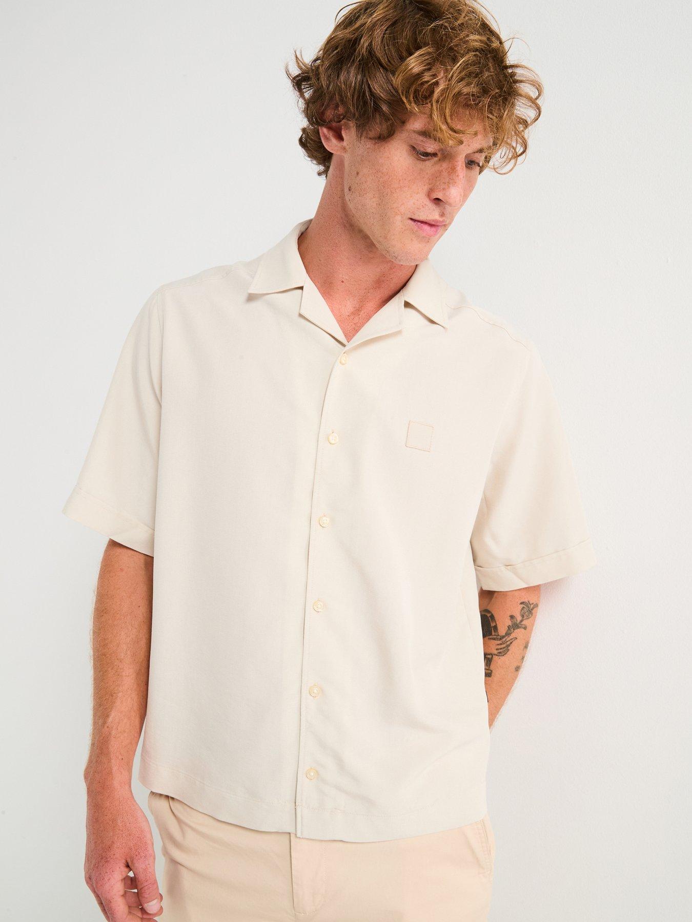 undefined Boss Lapisy Relaxed Fit Revere Collar Short Sleeve Shirt - Beige