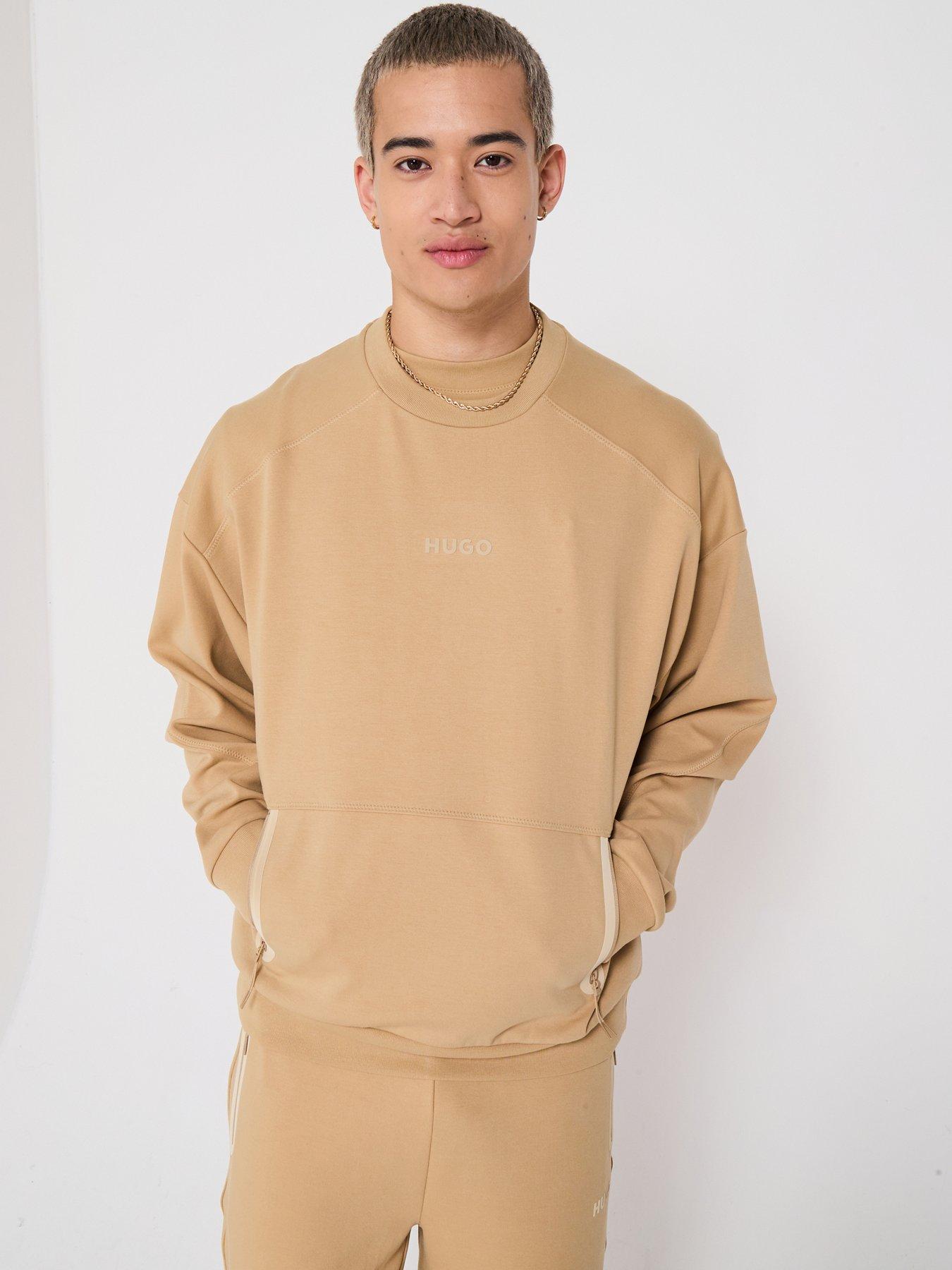 HUGO Oversized Fit Dubilos Tech Zipped Pockets Crew Sweatshirt - Beige