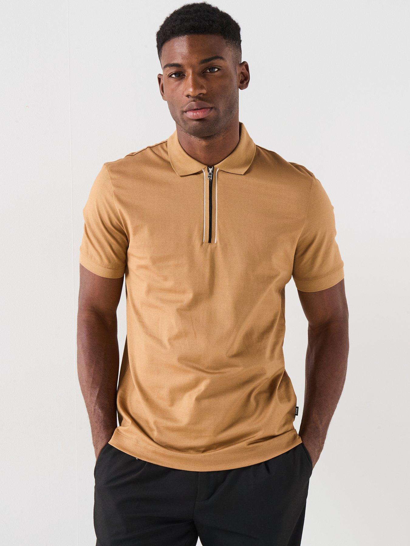 BOSS H-Paras 65 Regular Fit Global Stripezip Neck Polo Shirt - Dark Beige