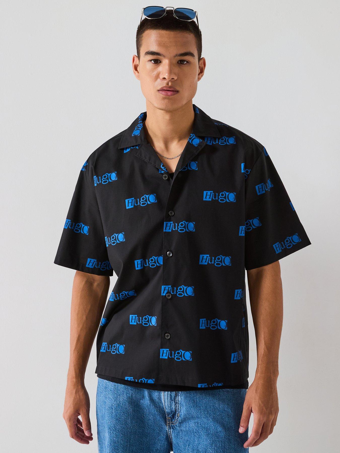 HUGO Blue Eligino Relaxed Fit Shirt, Black, Size L, Men