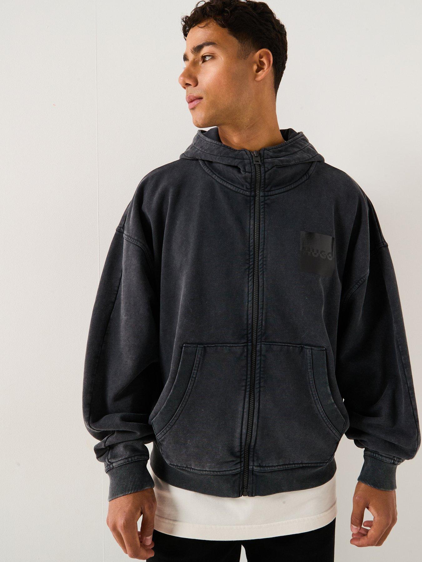 HUGO Oversized Fit Delvelyn Zip Through Acid Wash Hoodie - Black