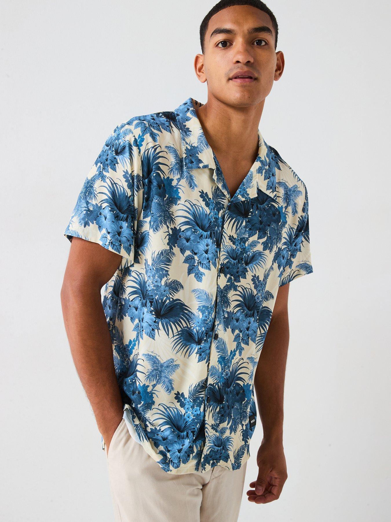 undefined Boss All Over Floral Beach Revere Collar Short Sleeve Shirt - Light Blue