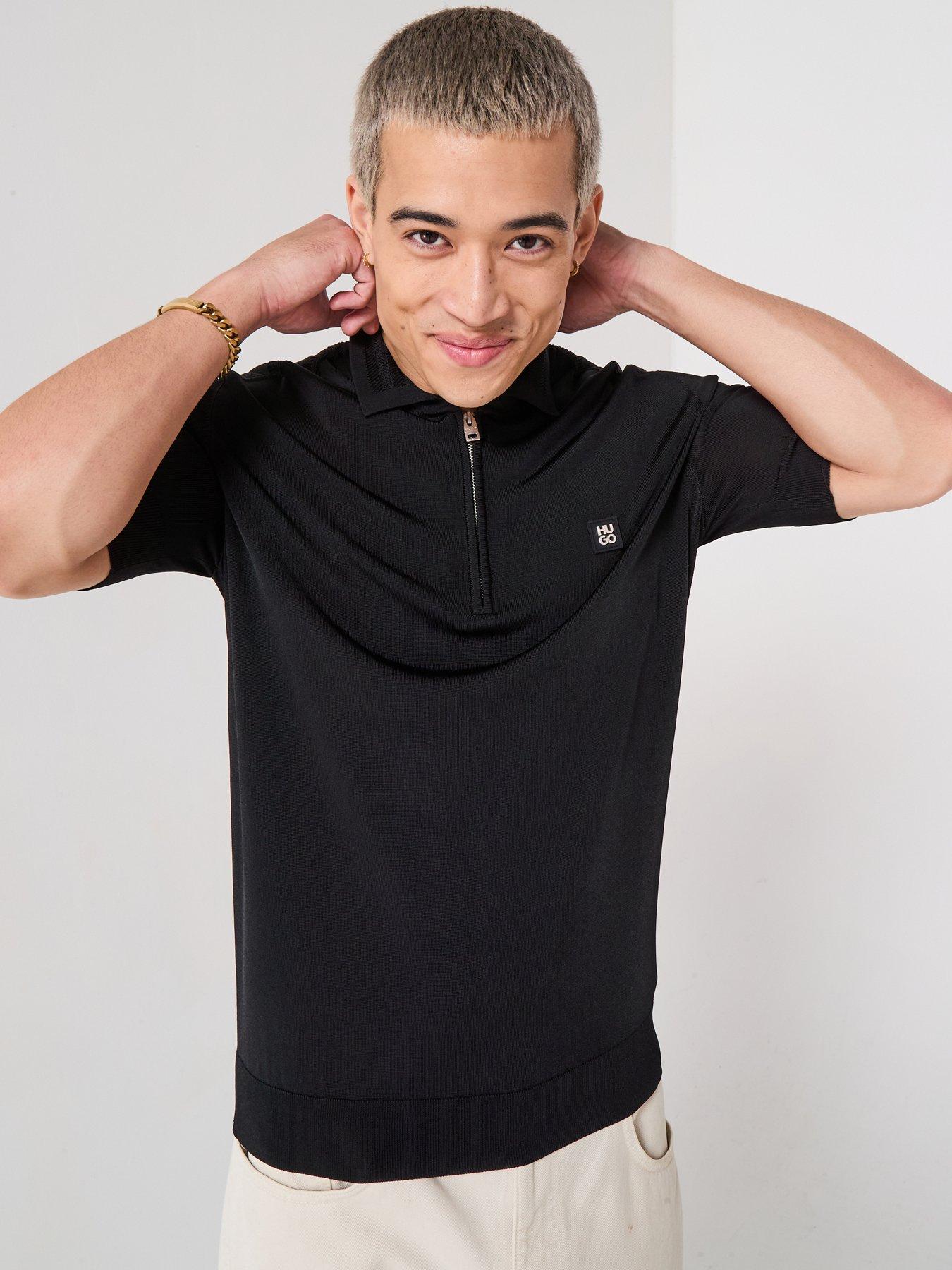 HUGO Sayfong-4 Zip Neck Stacked Logo Knitted Polo Shirt, Black, Size S, Men
