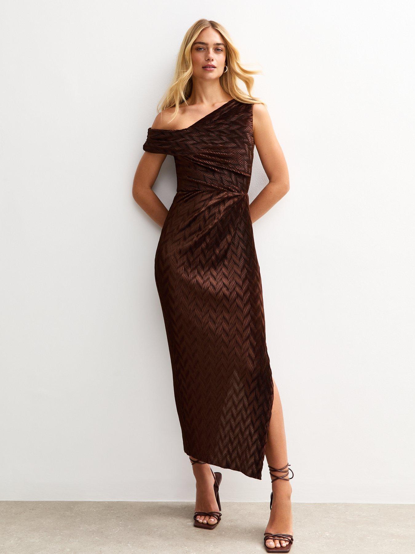 undefined Textured One Shoulder Slit Hem Midi Dress - Brown