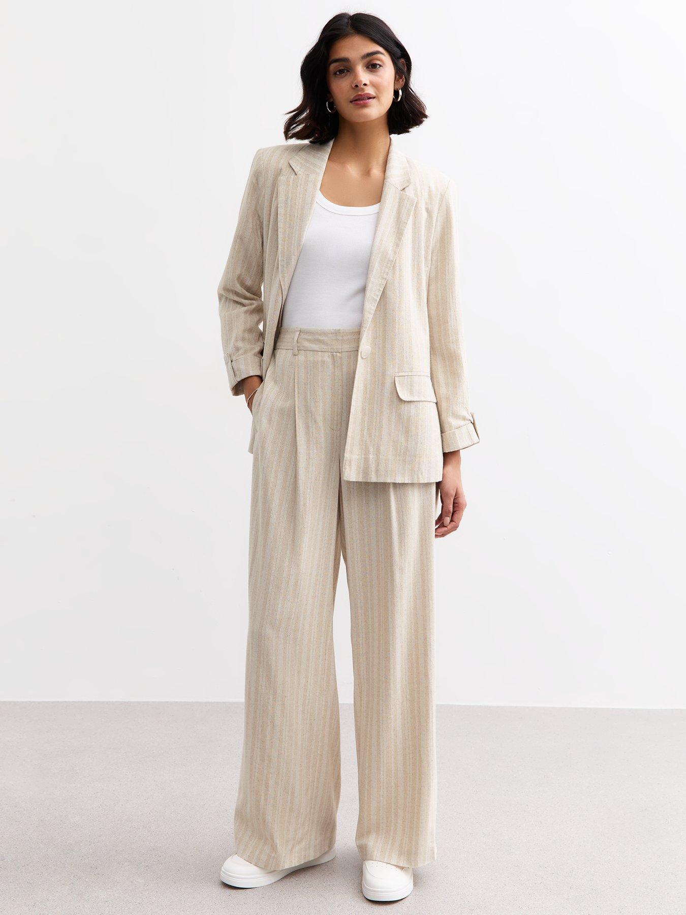 undefined Cream Striped Wide Leg Tailored Trousers