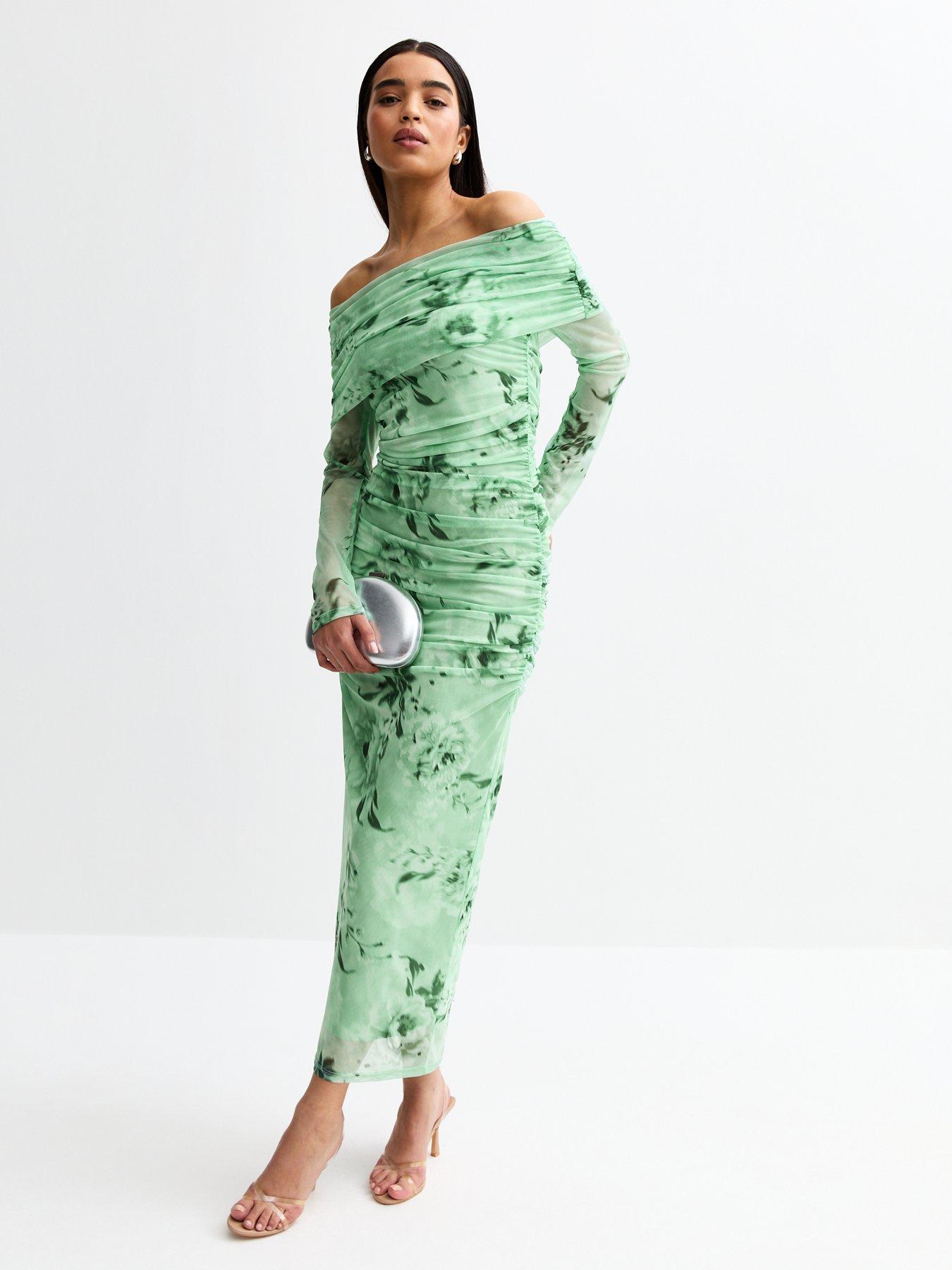 green bardot midi dress Green Bardot Sleeve Midi Slit Dress – SILKROSE