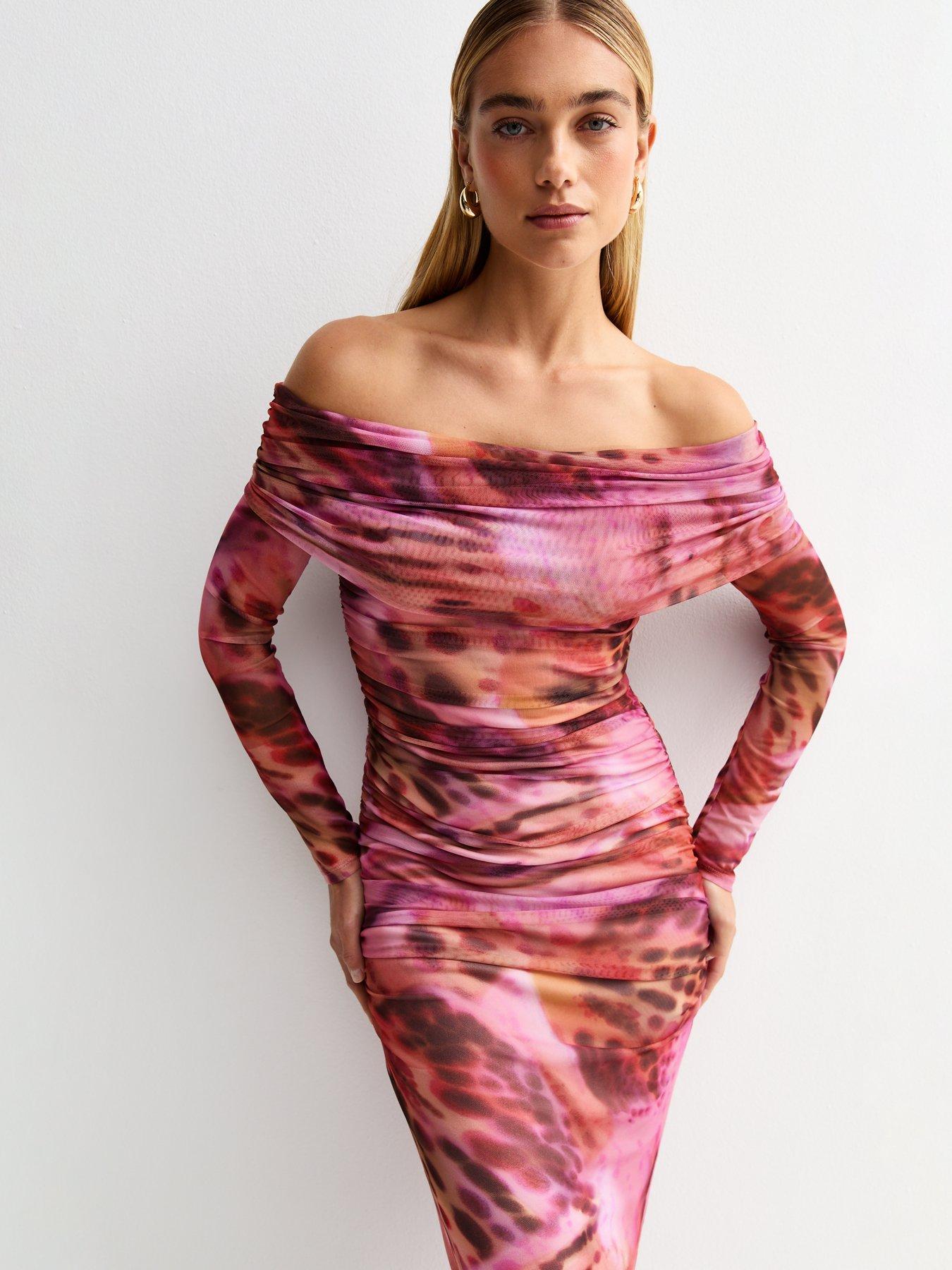 New Look: Butterfly Print Mesh Bardot Midi Dress - Pink
