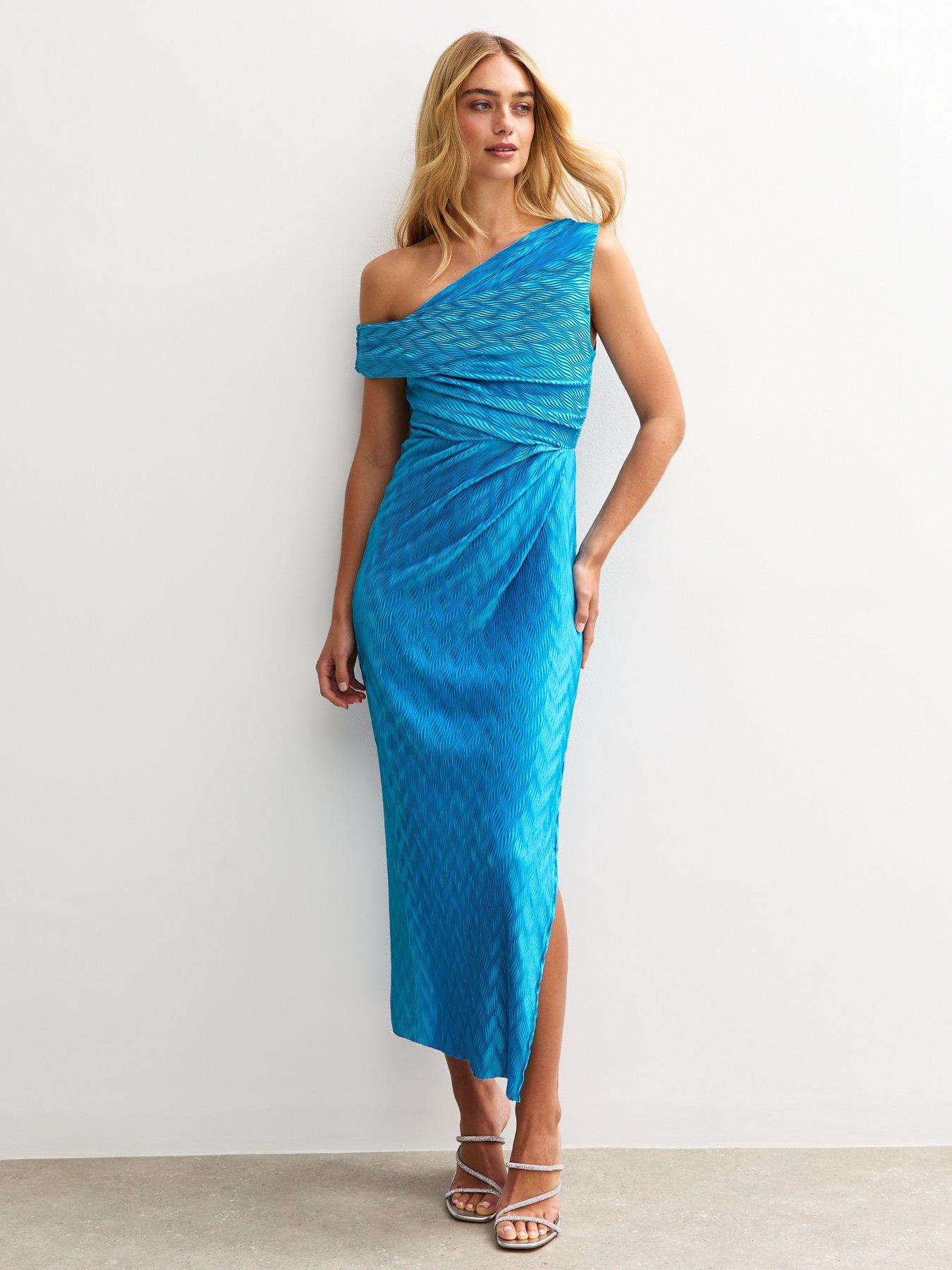 New Look: Textured One Shoulder Slit Hem Midi Dress - Bright Blue