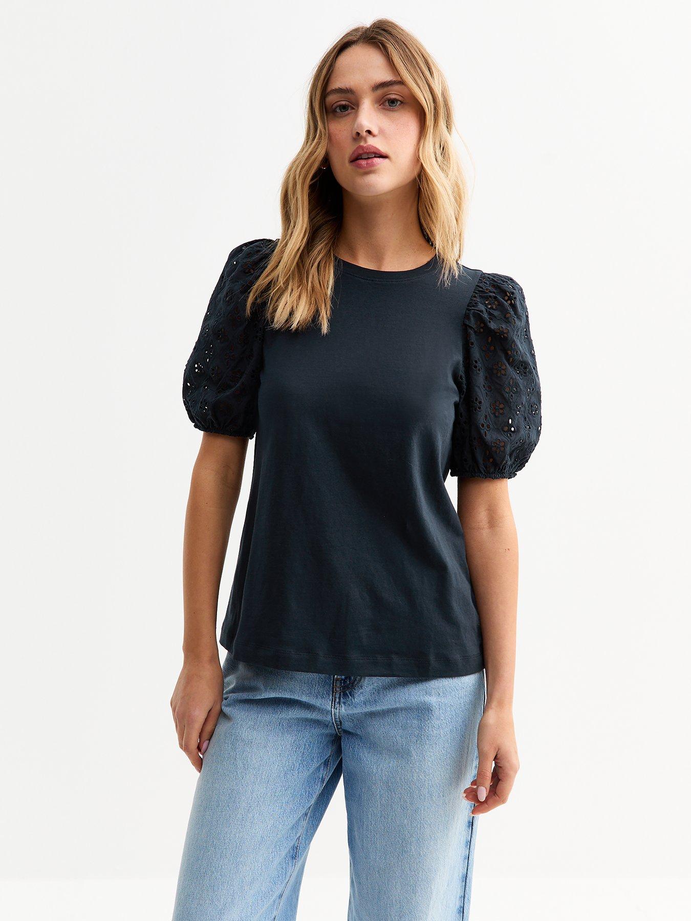 undefined Navy Broderie Anglaise Sleeve Jersey Top - Blue