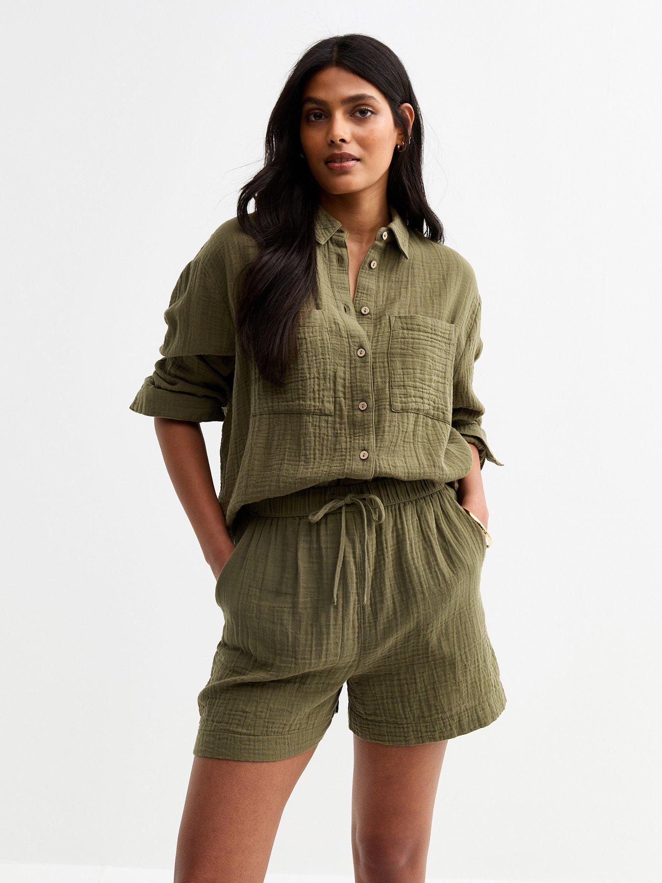 undefined Khaki Green Textured Drawstring Waist Shorts