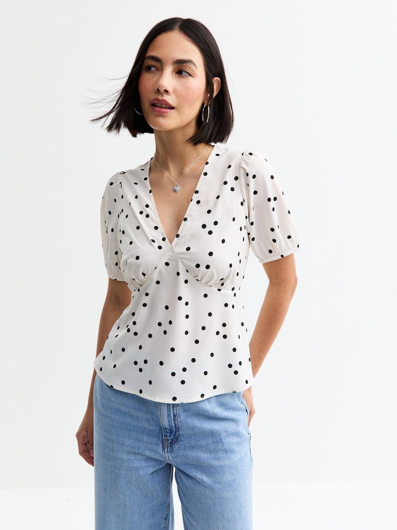 undefined Spot Print V-Neck Tea Blouse - White