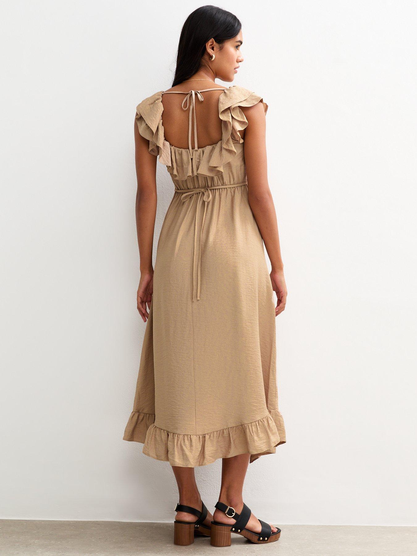 Image 2 of 4 of New Look Stone Ruffled Trim Asymmetric Hem Midi Dress - Beige