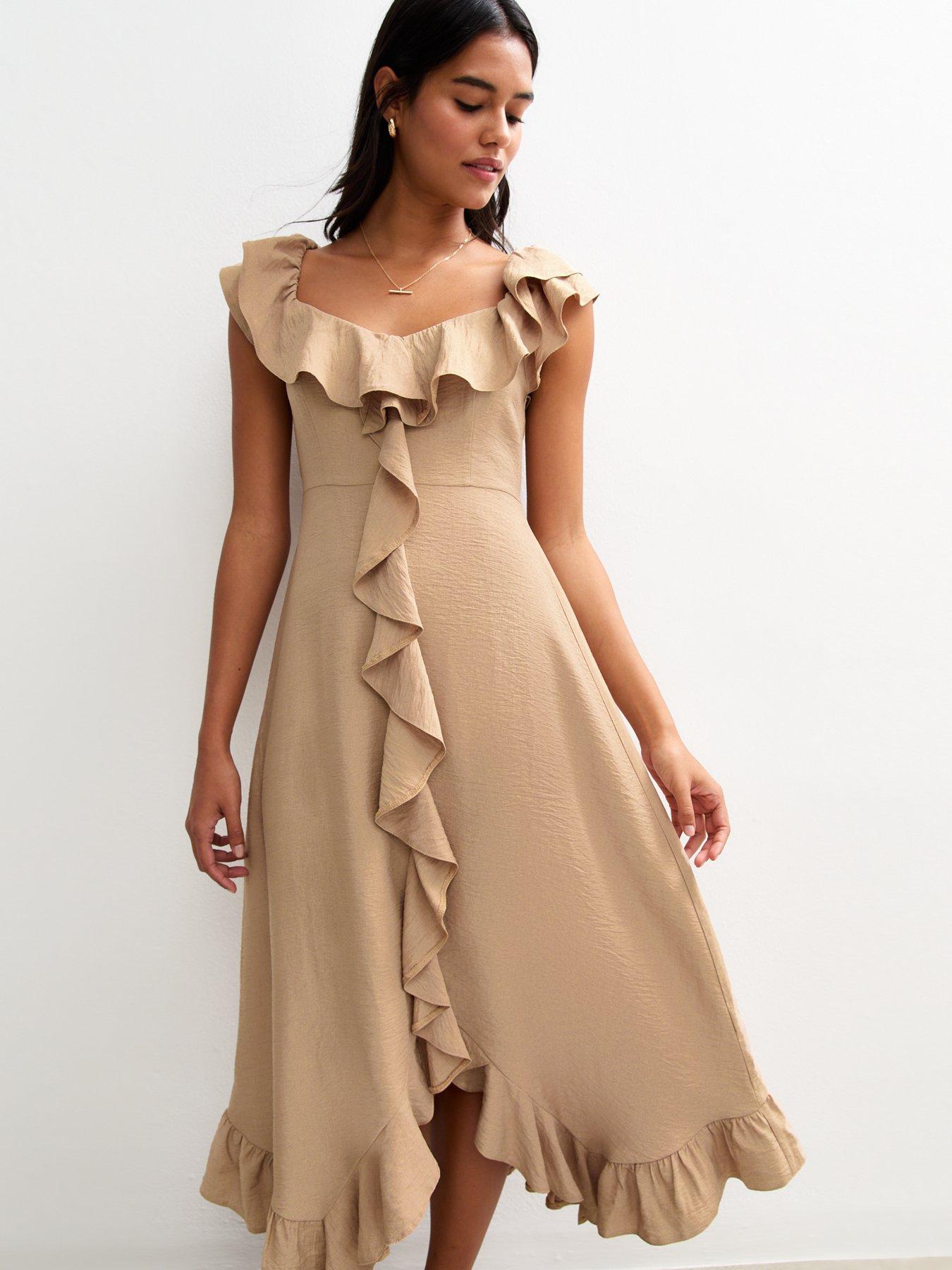 Image 3 of 4 of New Look Stone Ruffled Trim Asymmetric Hem Midi Dress - Beige