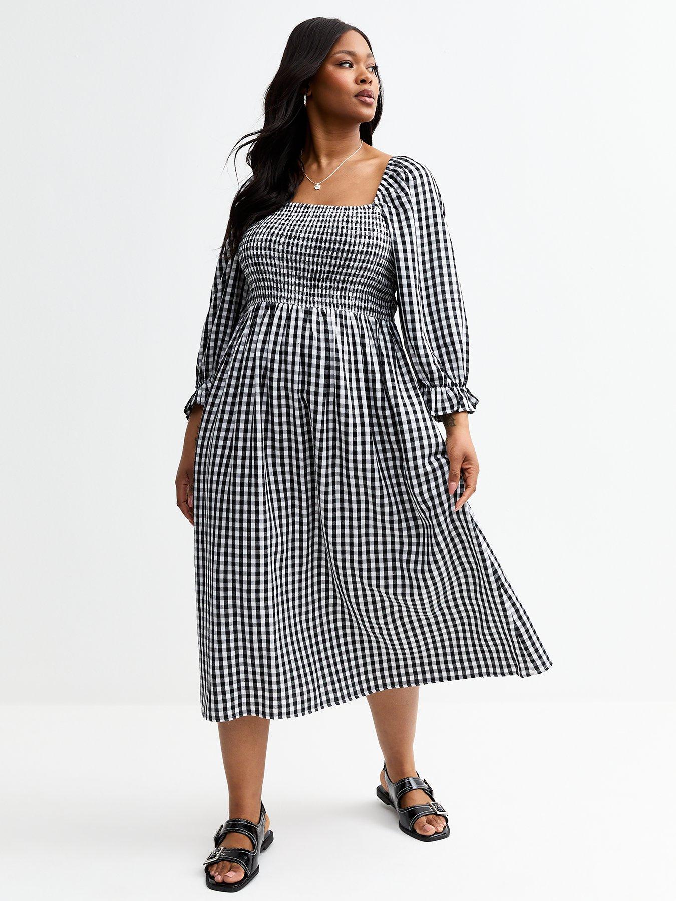 undefined Curves Gingham Print Shirred Bust Midi Dress - Black