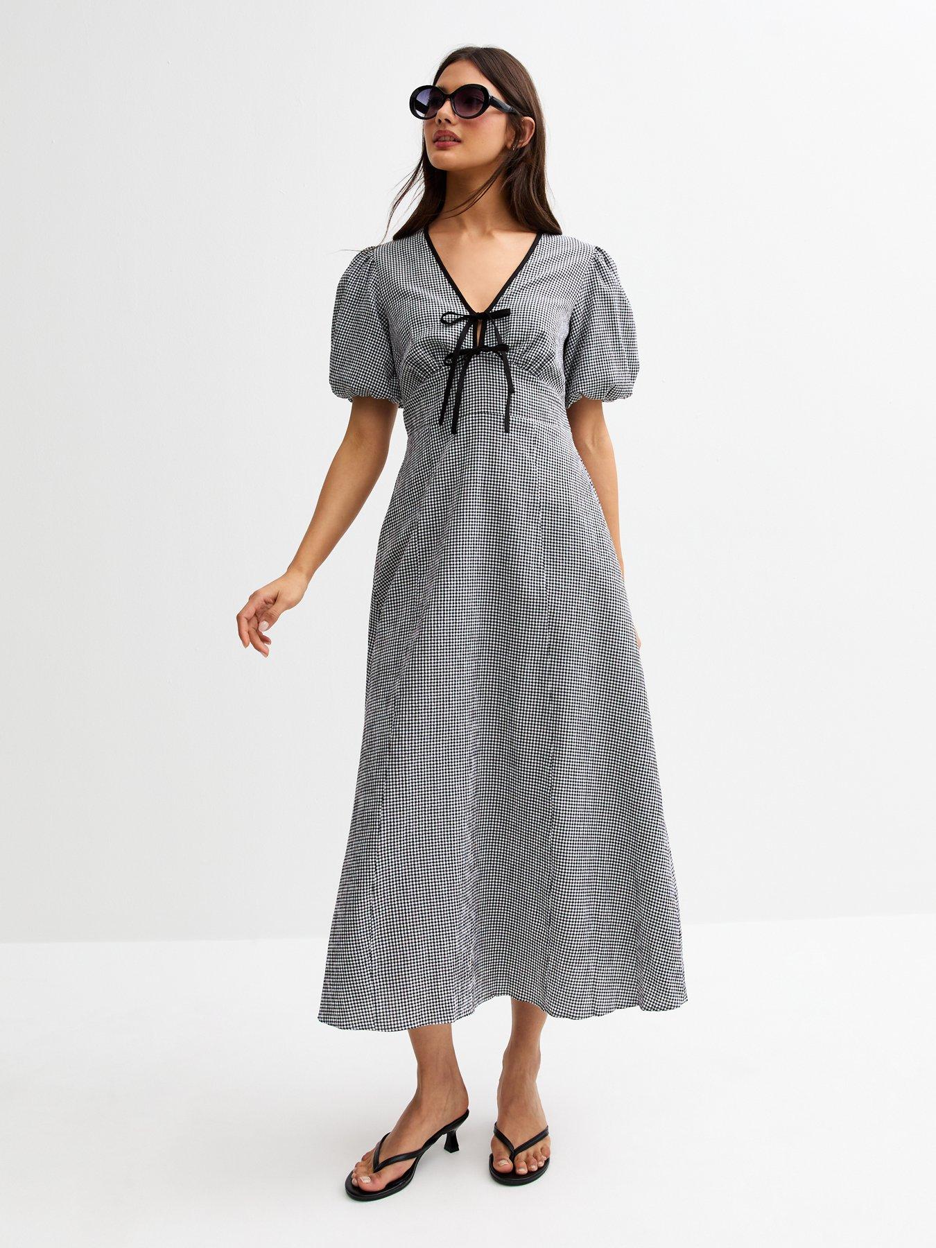 Image 1 of 5 of New Look Gingham Check Tie Neck Midi Dress - Black
