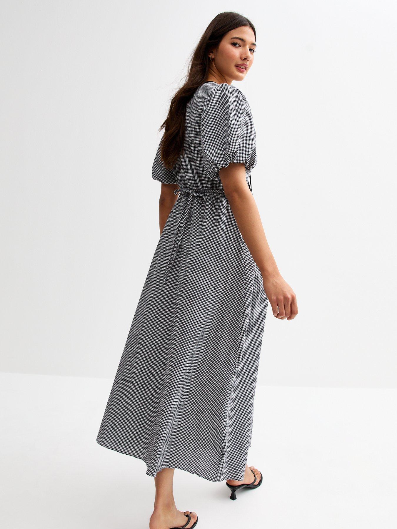 Image 2 of 5 of New Look Gingham Check Tie Neck Midi Dress - Black