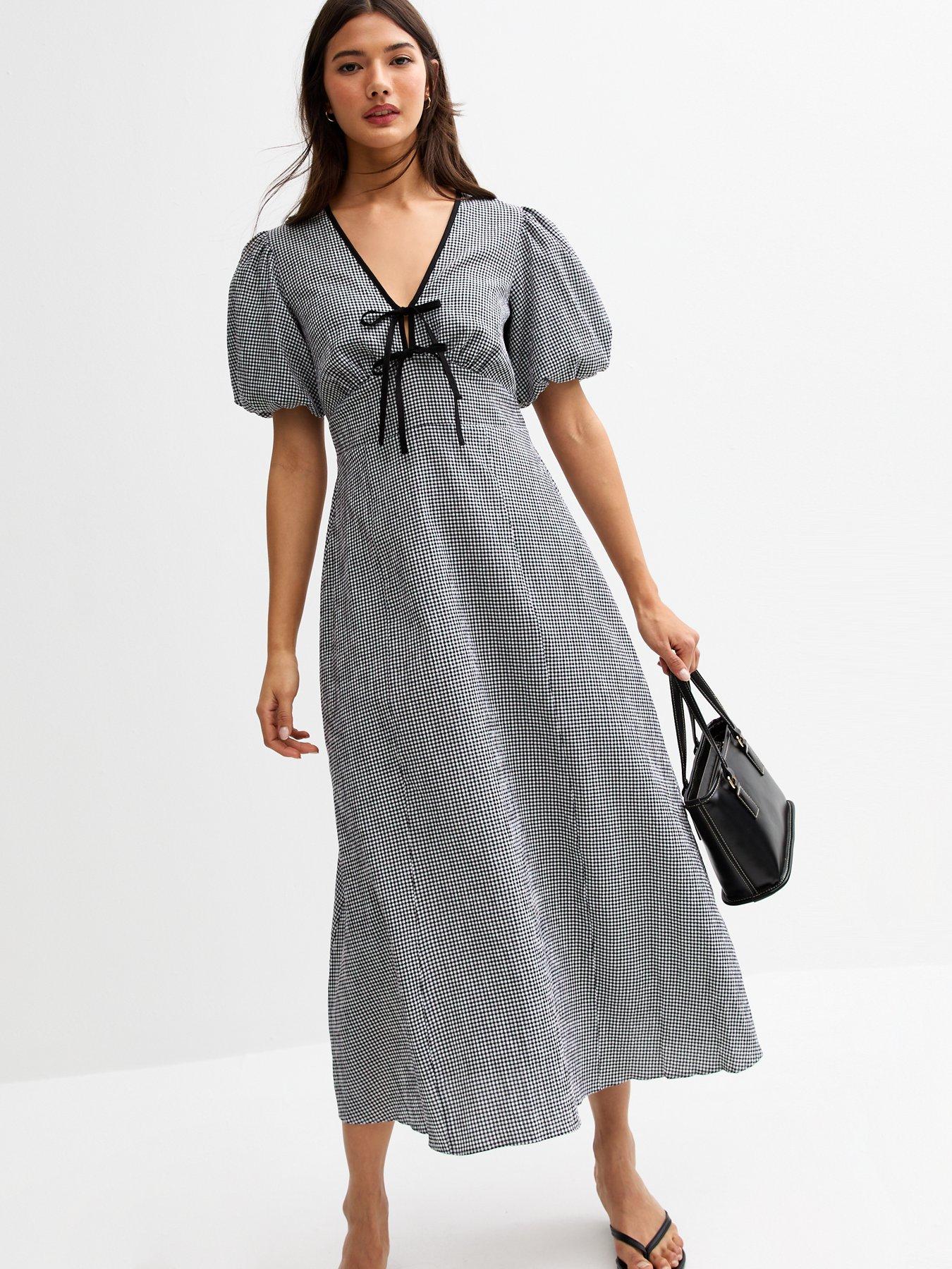 Image 3 of 5 of New Look Gingham Check Tie Neck Midi Dress - Black