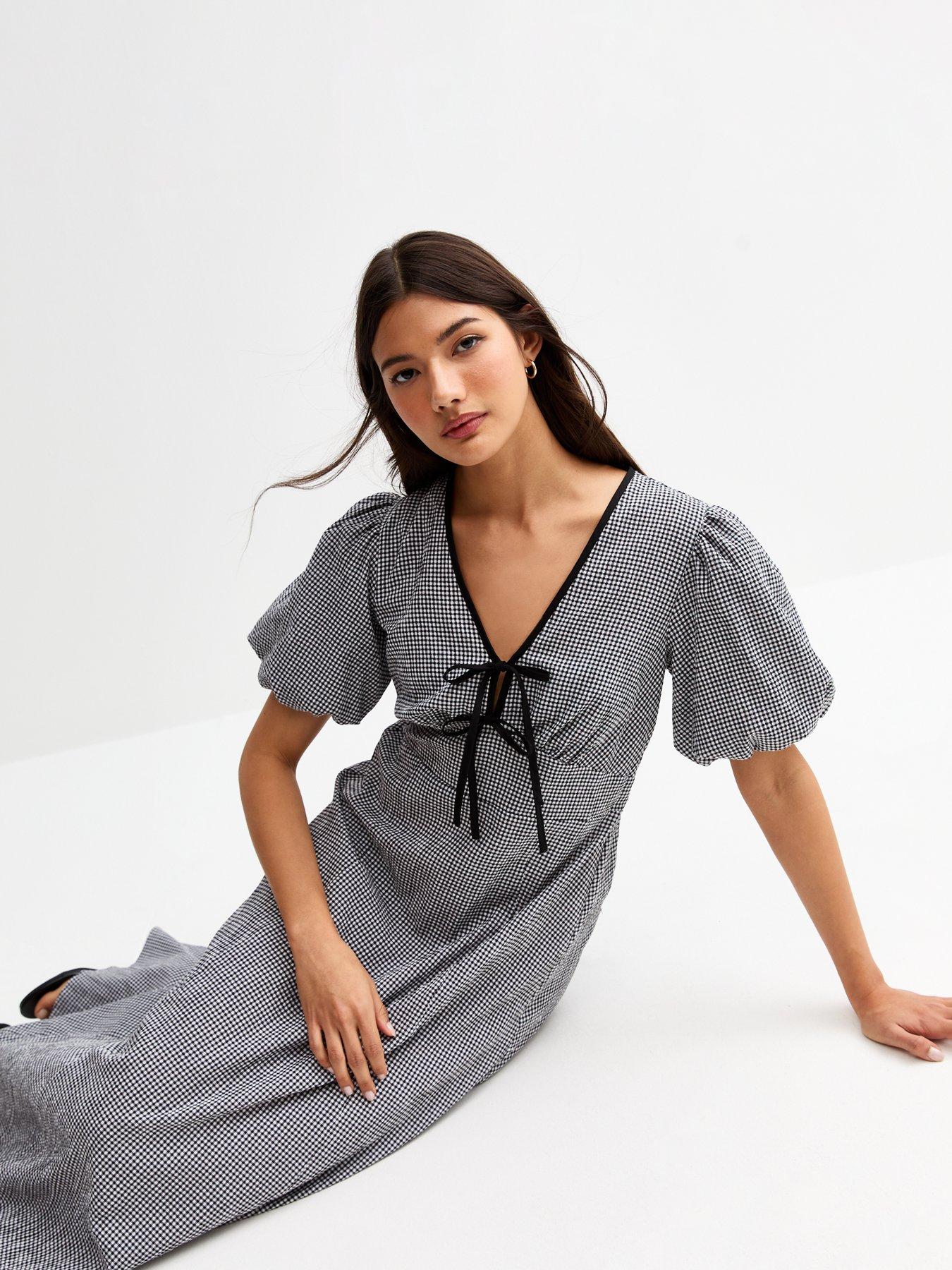 Image 5 of 5 of New Look Gingham Check Tie Neck Midi Dress - Black