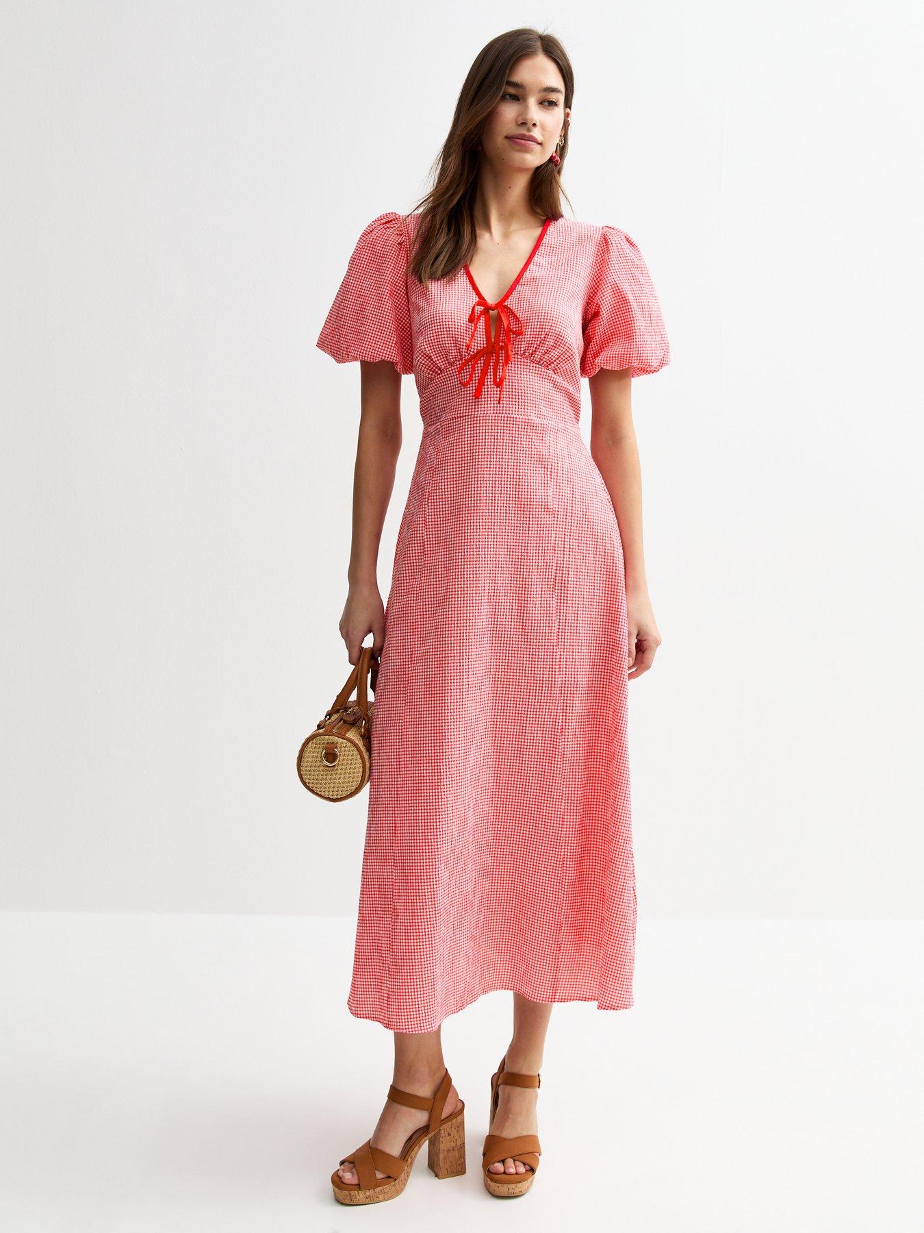 undefined Gingham Check Tie Neck Midi Dress - Red
