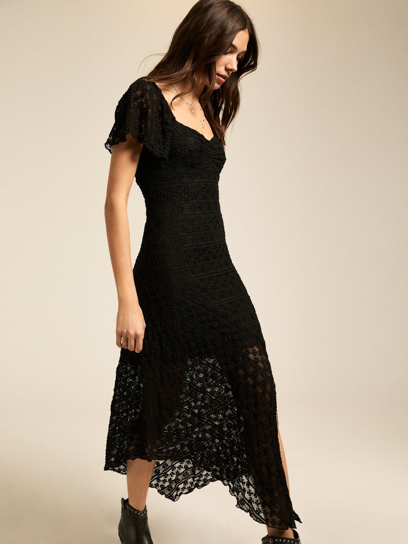 undefined Asymmetric Hem Lace Midi Dress - Black