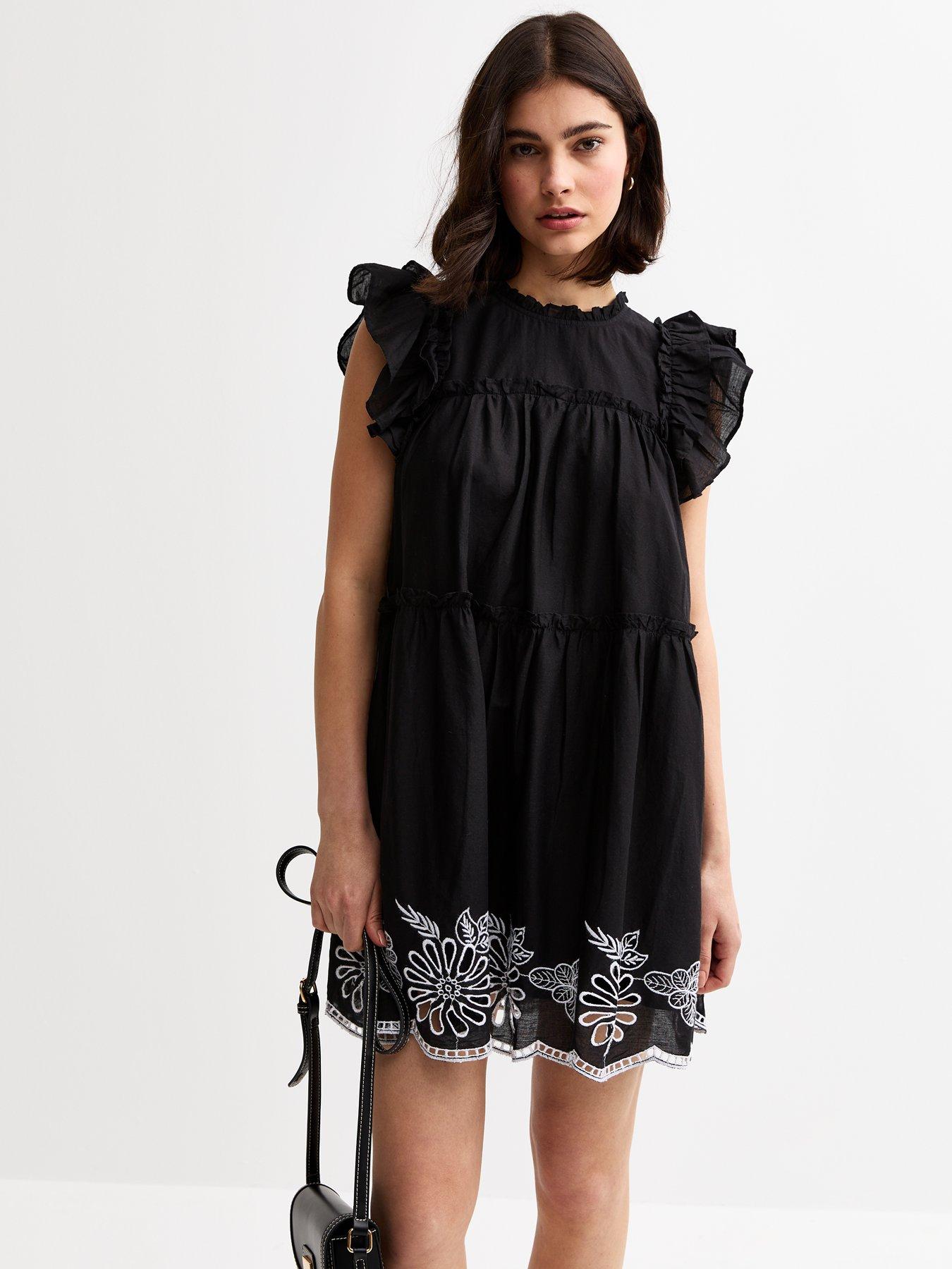 New Look Floral Embroidered Frill Trim Mini Dress - Black