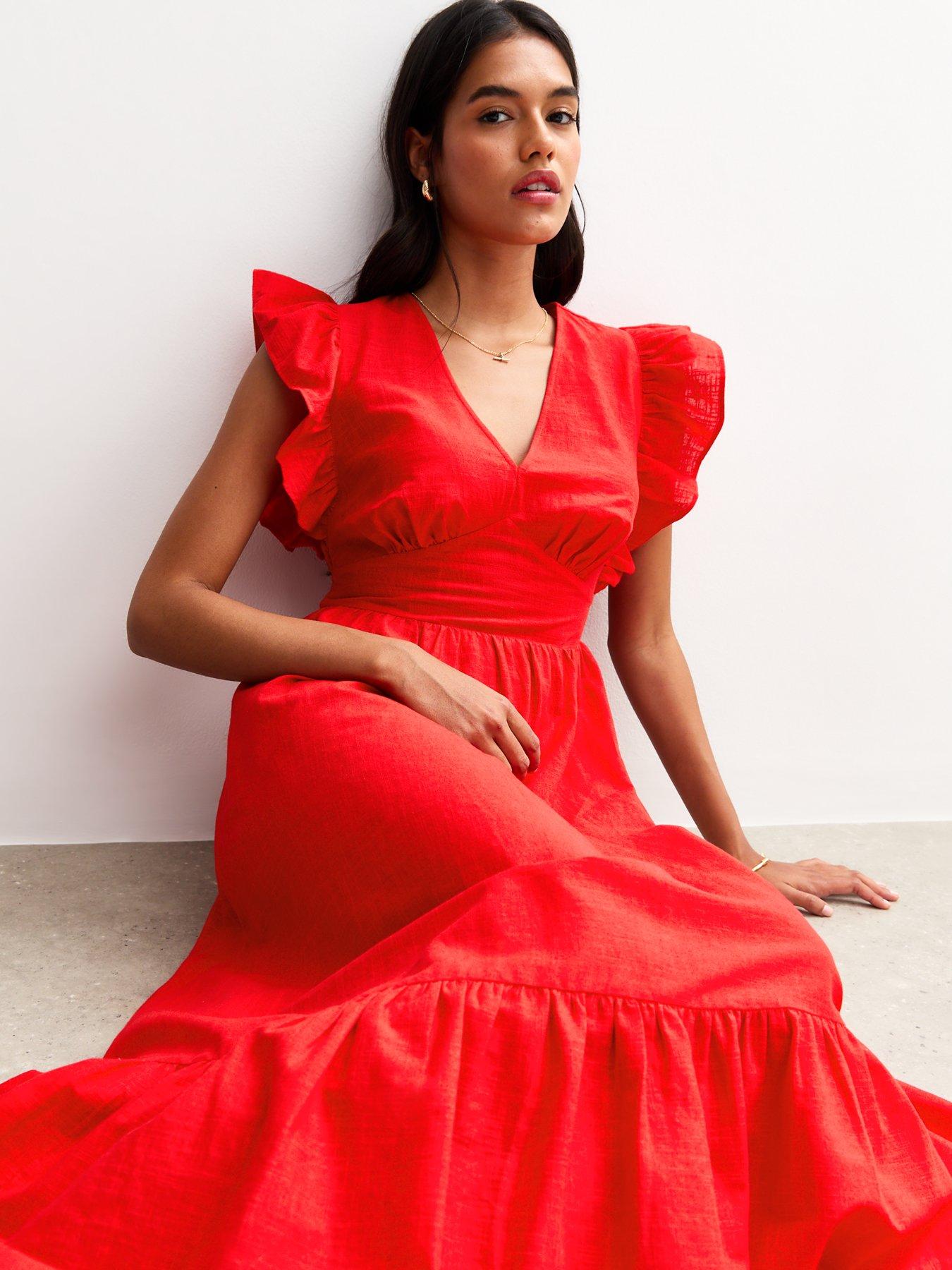 undefined Textured Cotton Frill Sleeve Tiered Midi Dress - Bright Red