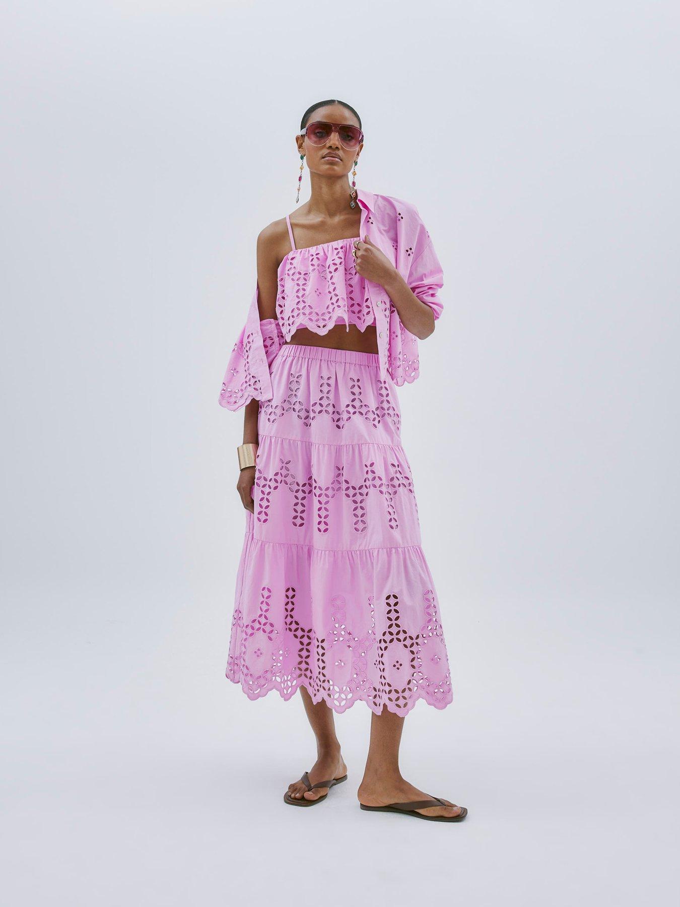 Image 1 of 4 of River Island Maxi Broderie Cutwork Skirt - Pink