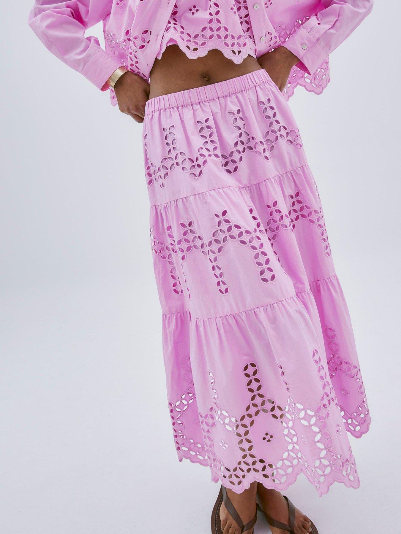 Image 2 of 4 of River Island Maxi Broderie Cutwork Skirt - Pink