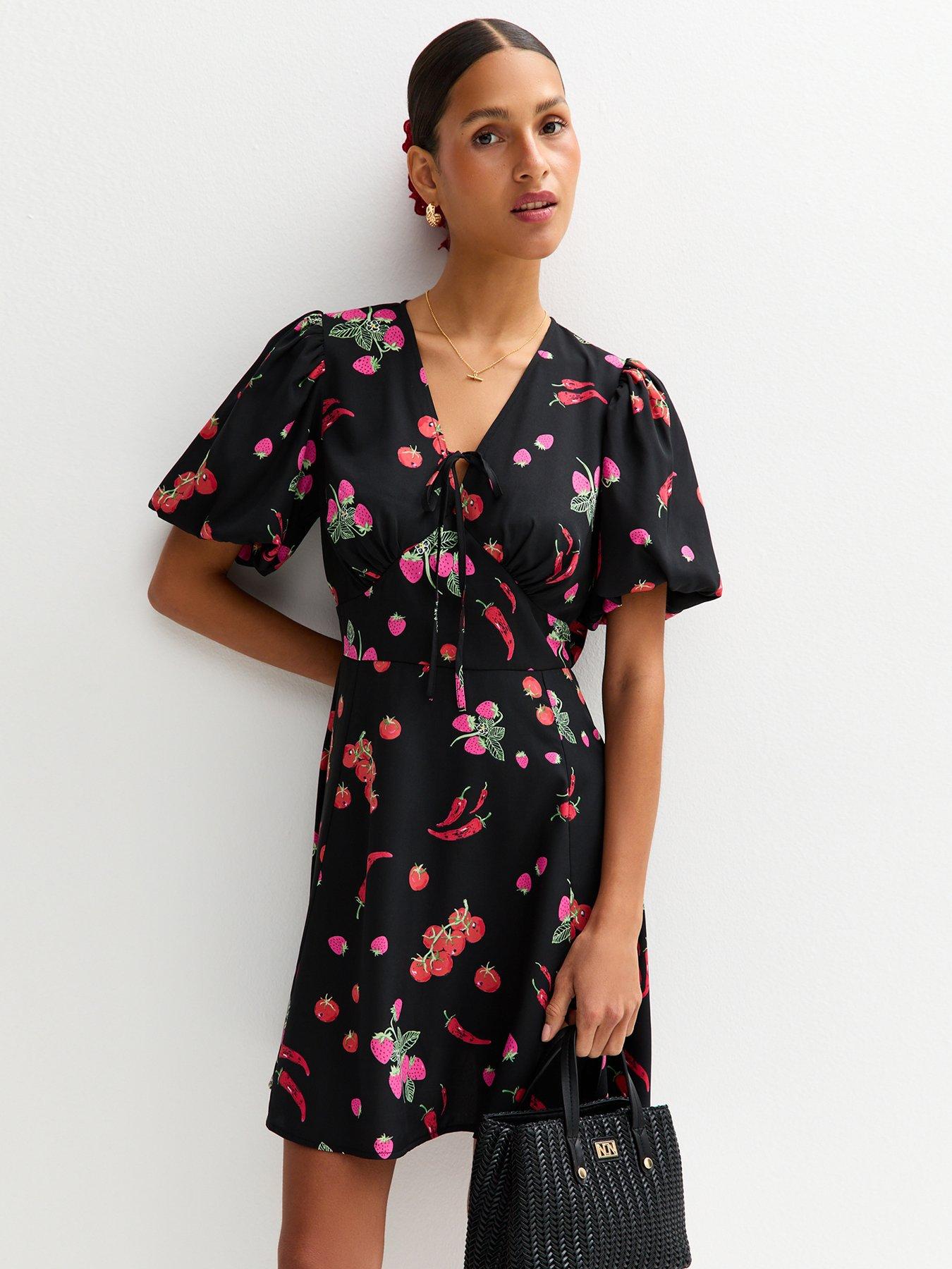 undefined Chilli Print Tie Front Mini Dress - Black